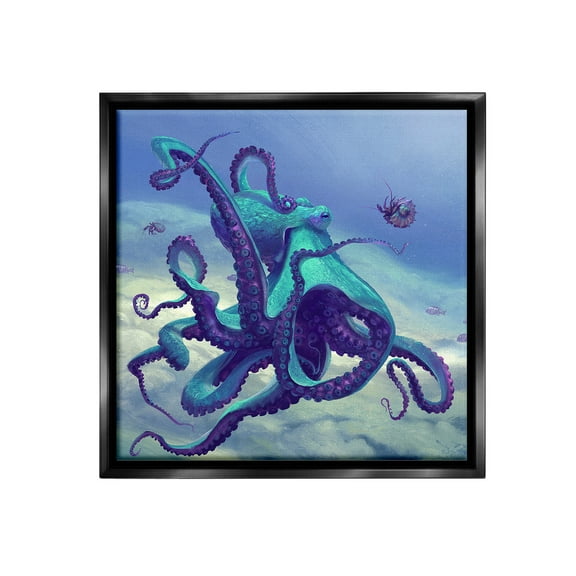 Stupell Industries Vivid Underwater Octopus Animals & Insects Painting Black Floater Framed Canvas Art Print Wall Art, 18 x 18