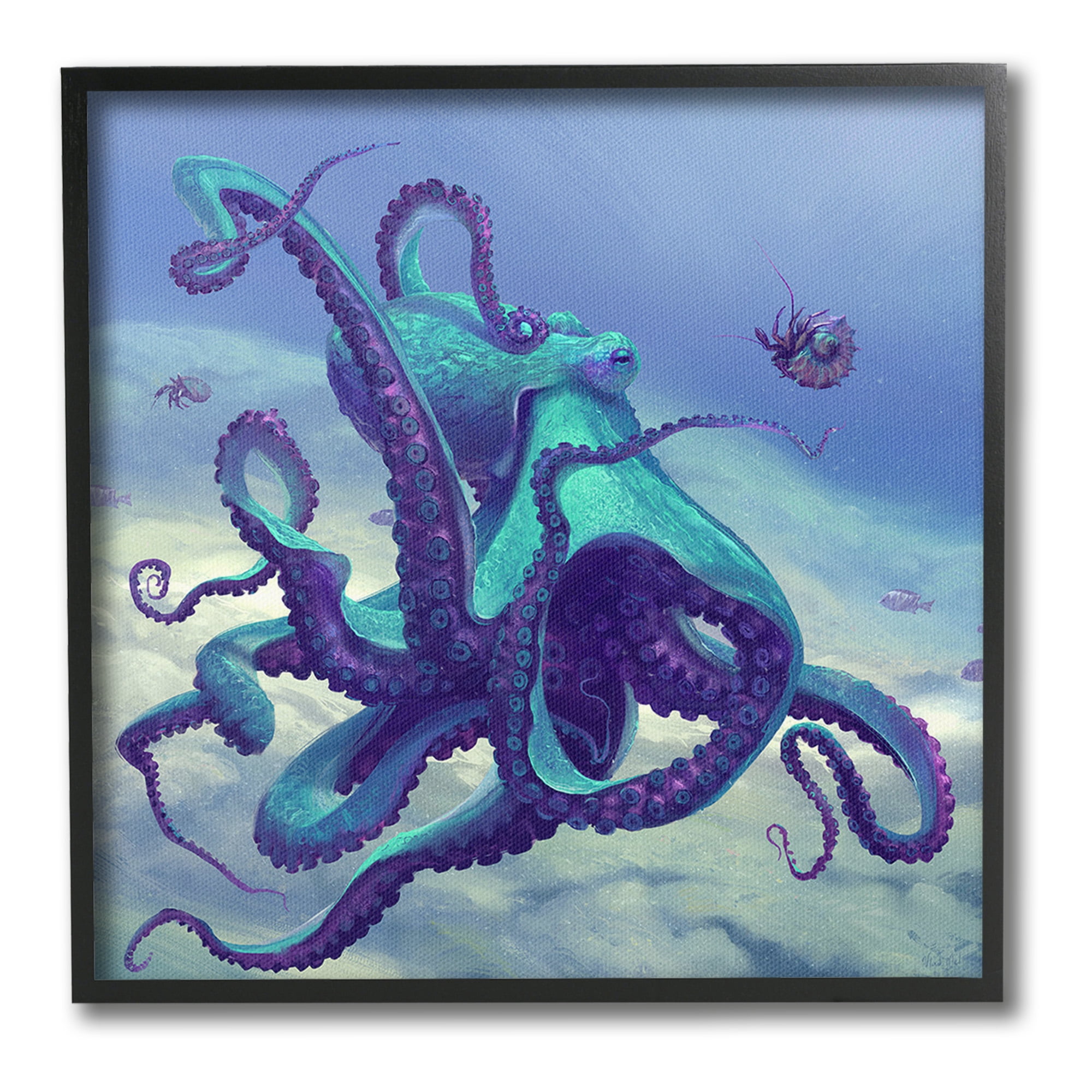 Stupell Industries Vivid Underwater Octopus Animals & Insects Painting Black Framed Art Print Wall Art, 17 x 17