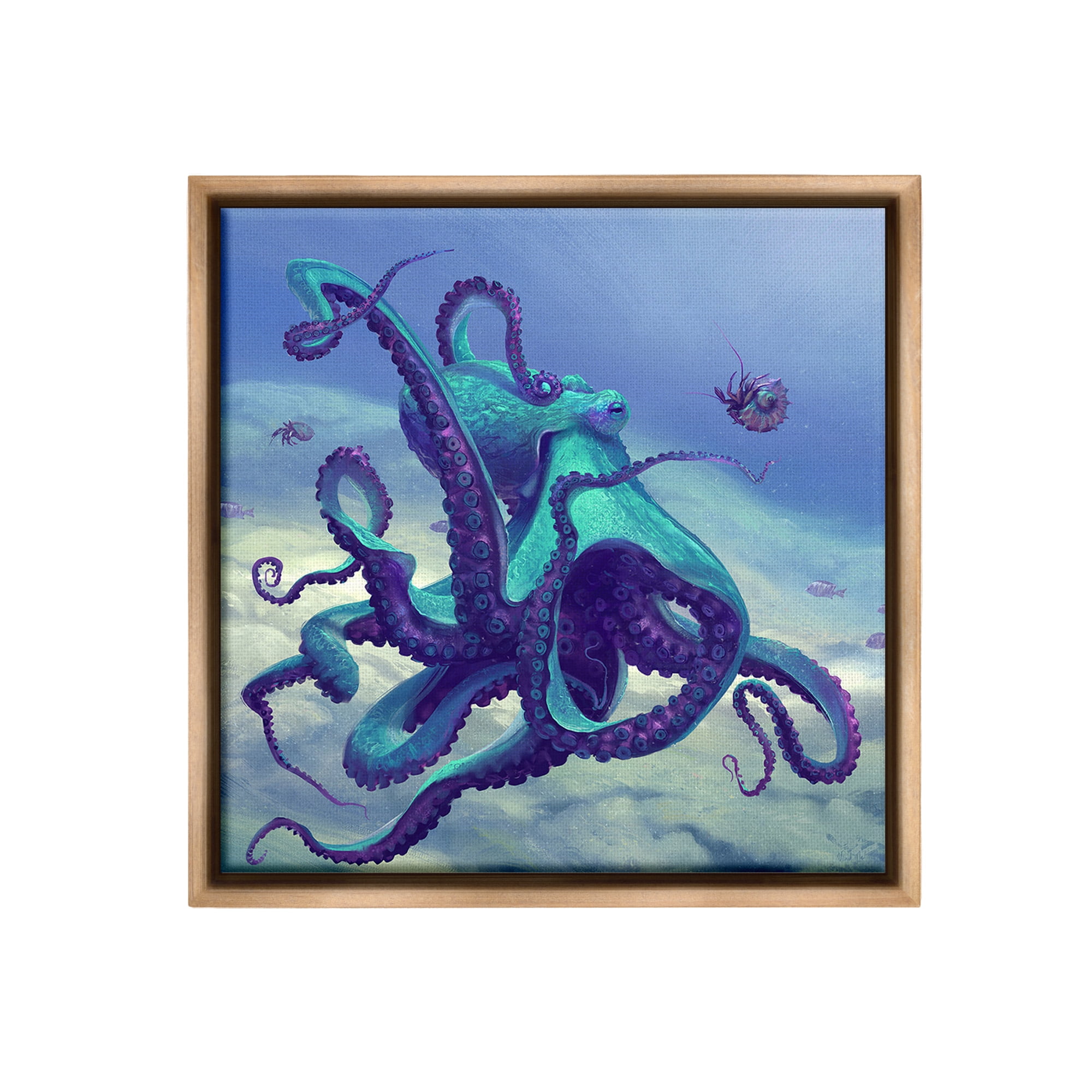 Stupell Industries Vivid Underwater Octopus Animals & Insects Painting Brown Floater Framed Canvas Art Print Wall Art, 18 x 18