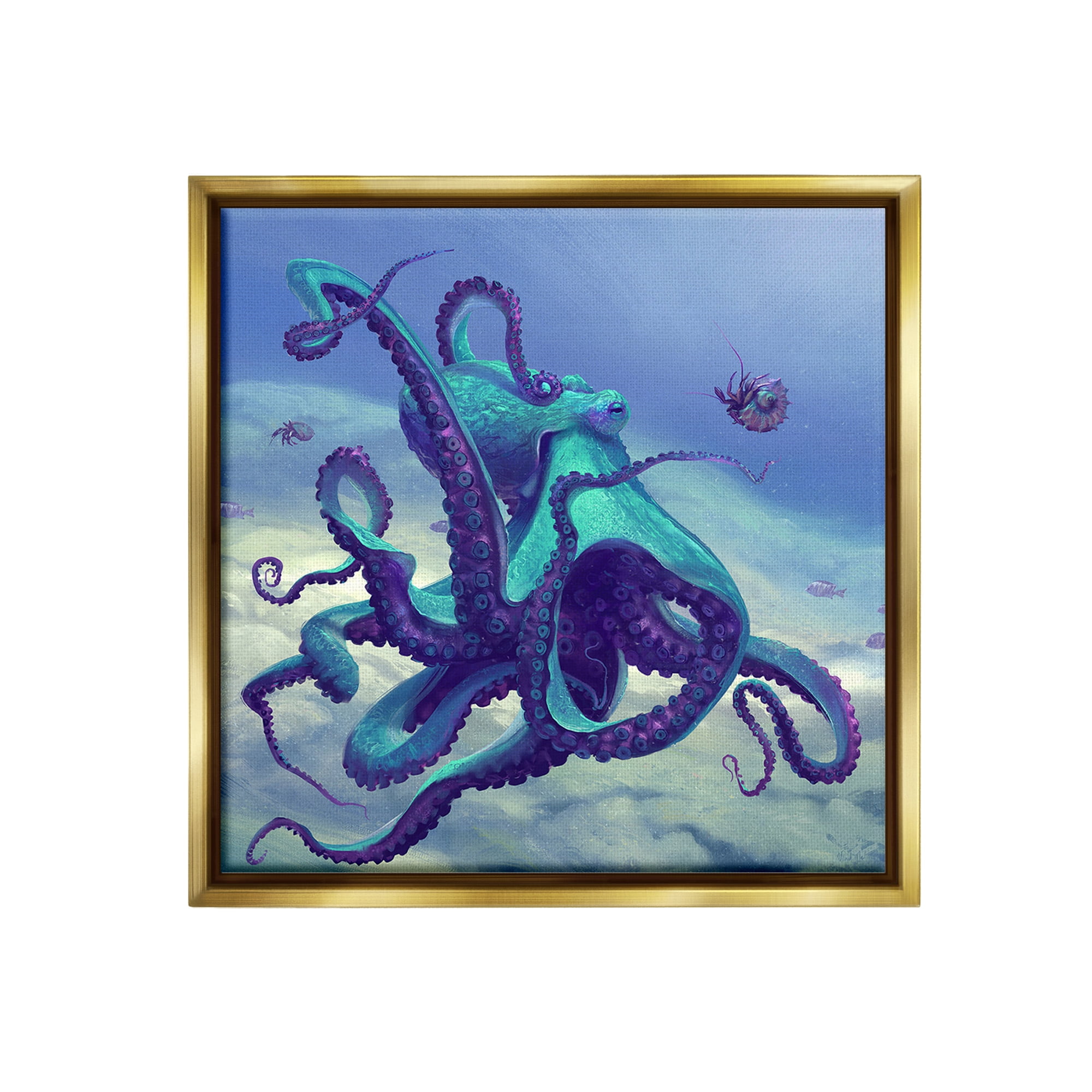 Stupell Industries Vivid Underwater Octopus Animals & Insects Painting Gold Floater Framed Canvas Art Print Wall Art, 25 x 25