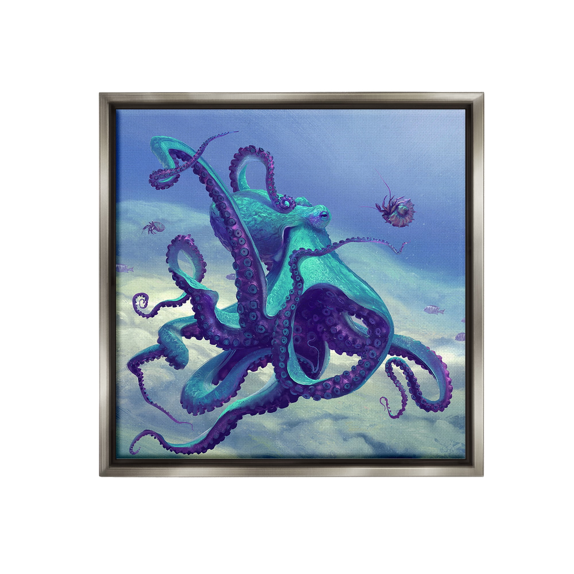 Stupell Industries Vivid Underwater Octopus Animals & Insects Painting Gray Floater Framed Canvas Art Print Wall Art, 18 x 18