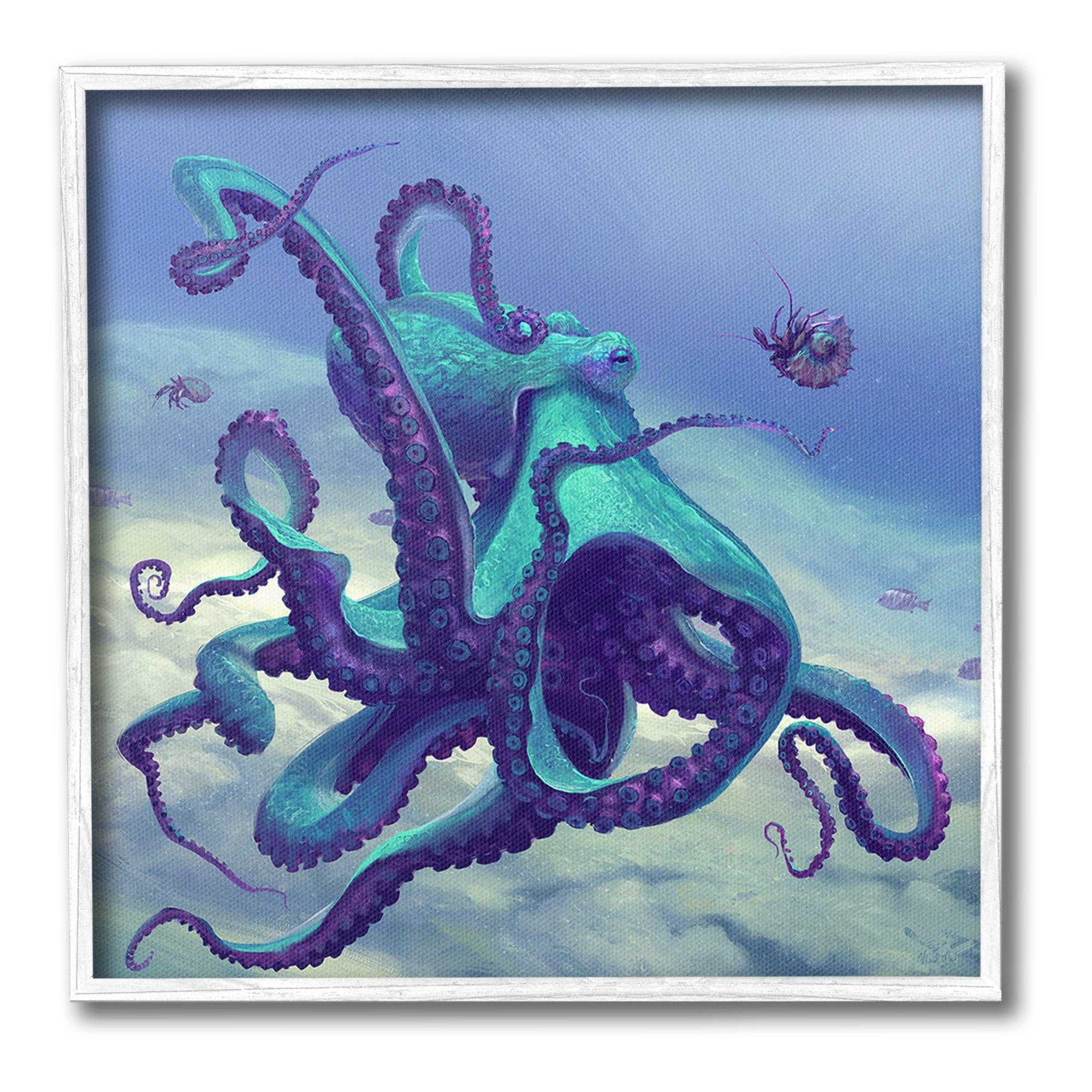 Stupell Industries Vivid Underwater Octopus Animals & Insects Painting White Framed Art Print Wall Art, 17 x 17