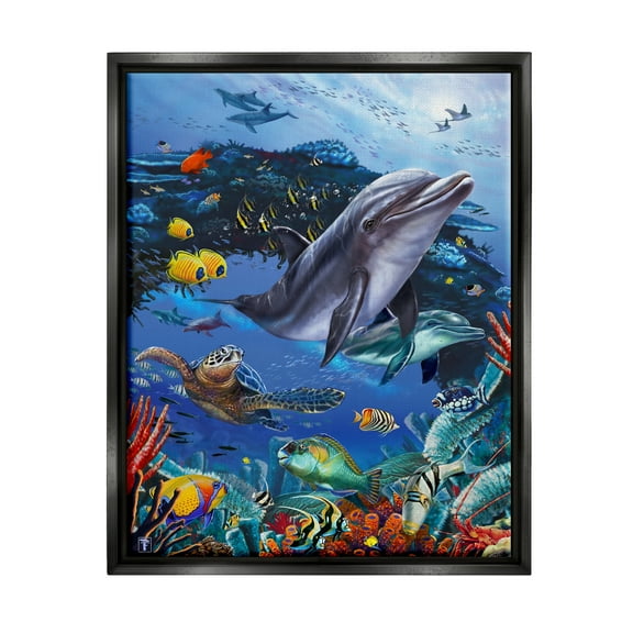 Stupell Industries Vivid Underwater Sea Life Coastal Painting Black Floater Framed Art Print Wall Art
