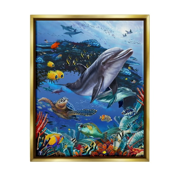 Stupell Industries Vivid Underwater Sea Life Coastal Painting Gold Floater Framed Art Print Wall Art