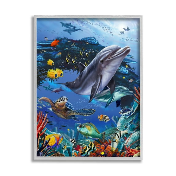 Stupell Industries Vivid Underwater Sea Life Coastal Painting Gray Framed Art Print Wall Art