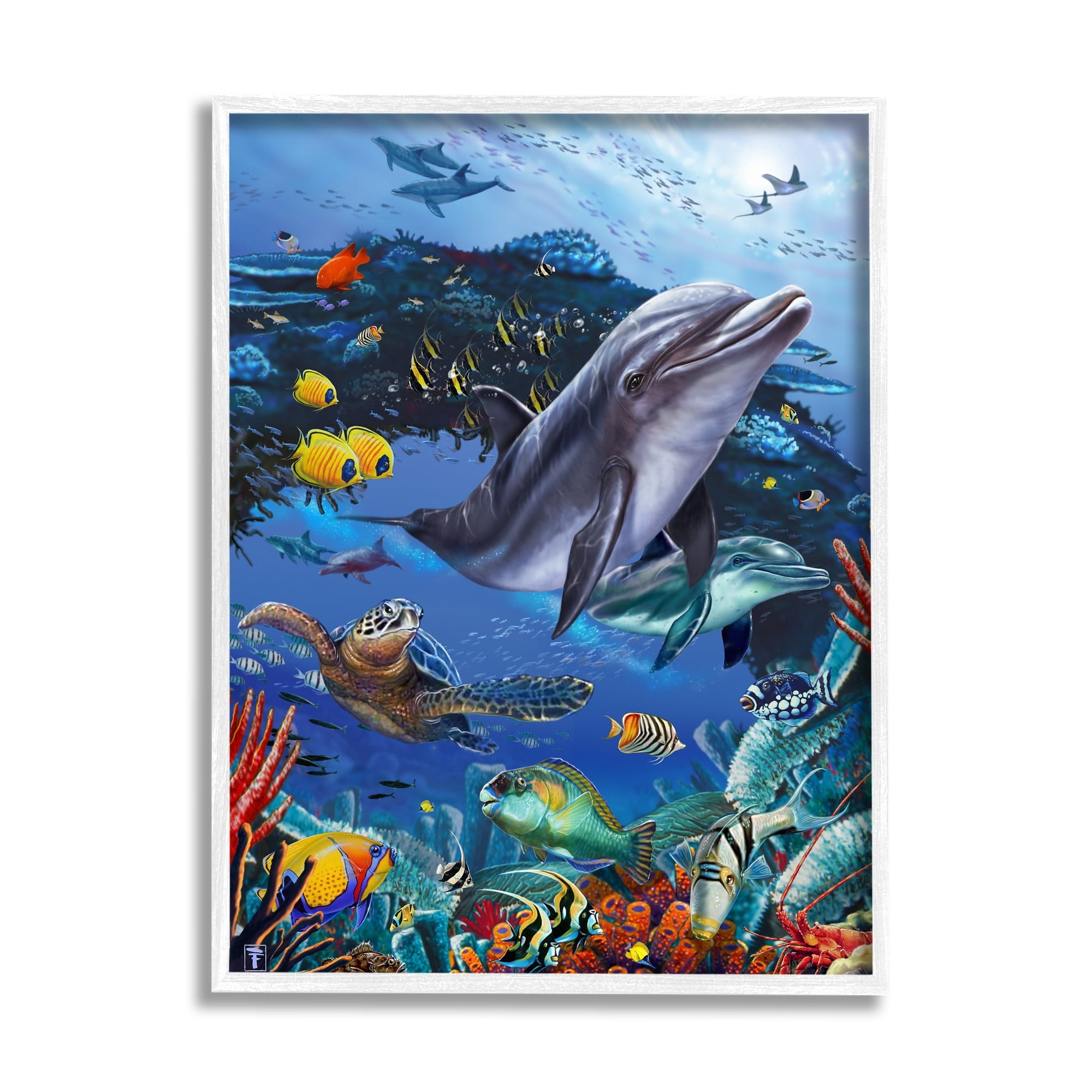 Stupell Industries Vivid Underwater Sea Life Coastal Painting White Framed Art Print Wall Art