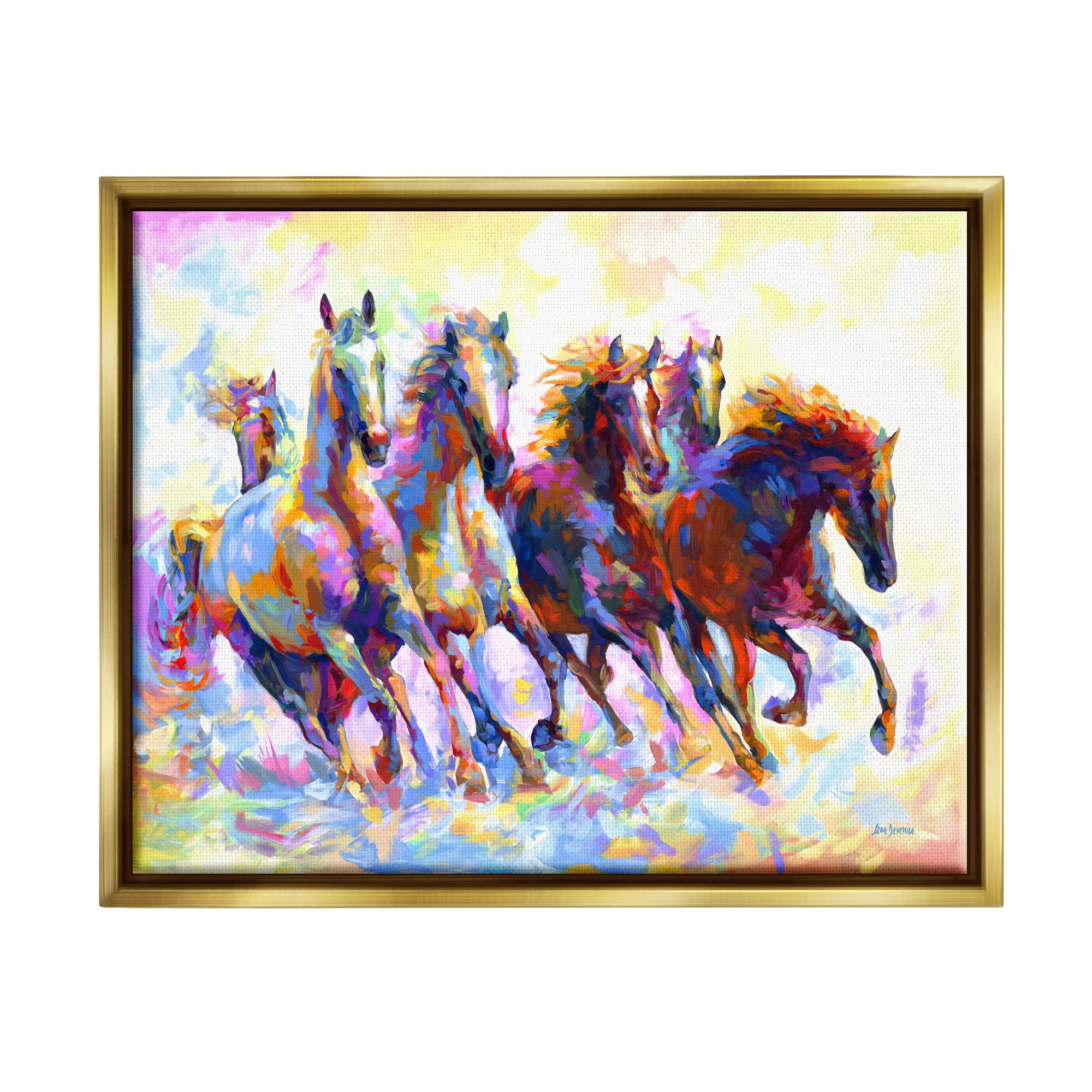 Stupell Industries Vivid Wild Horses Running Animals & Insects Painting Gold Floater Framed Canvas Art Print Wall Art, 31 x 25