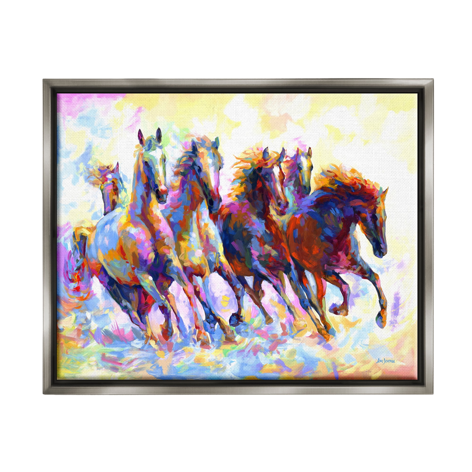 Stupell Industries Vivid Wild Horses Running Animals & Insects Painting Gray Floater Framed Canvas Art Print Wall Art, 21 x 17