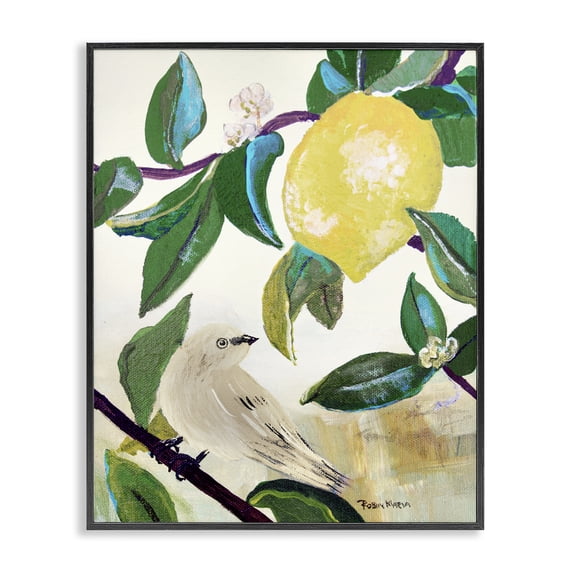Stupell Industries Rustic Lodge Vivid Yellow Lemon Citrus Fruit Bird Perched Black Framed Giclee Art, 11 x 14, by Robin Maria