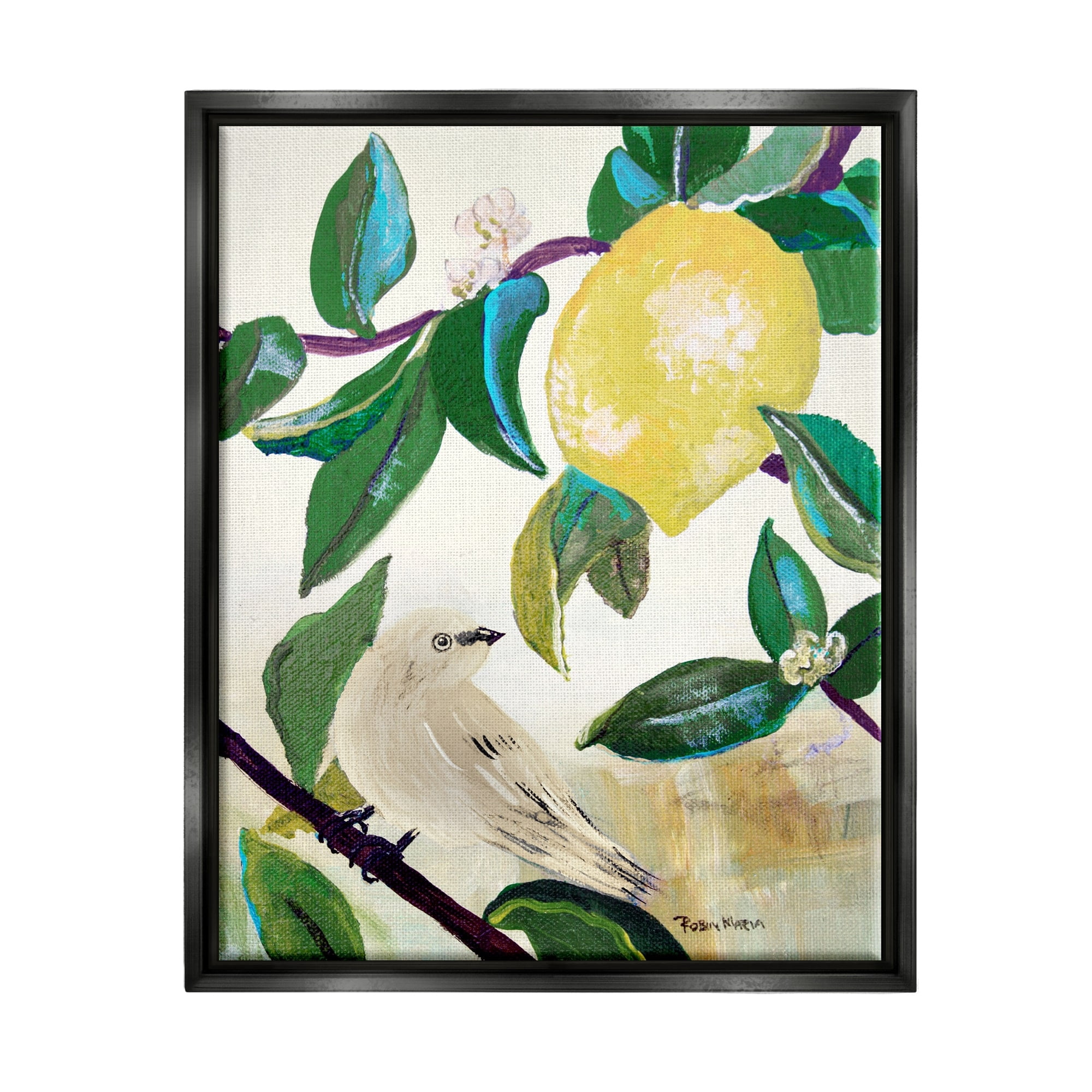 Stupell Industries Vivid Yellow Lemon Citrus Fruit Bird Perched Painting Jet Black Floating Framed Canvas Print Wall Art, Design by Robin Maria
