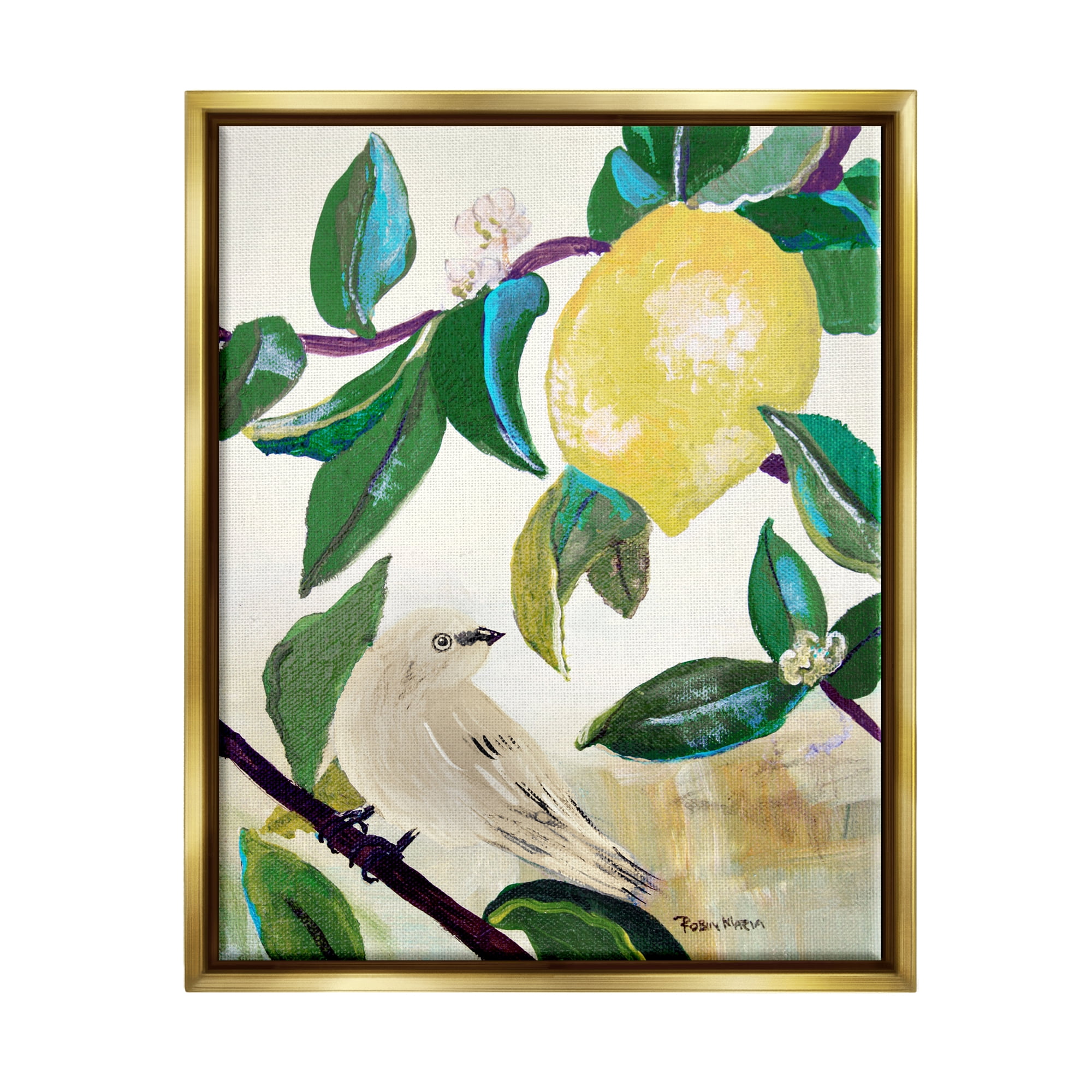 Stupell Industries Vivid Yellow Lemon Citrus Fruit Bird Perched Painting Metallic Gold Floating Framed Canvas Print Wall Art, Design by Robin Maria