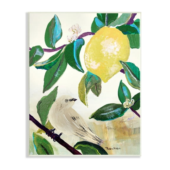 Stupell Industries Vivid Yellow Lemon Citrus Fruit Bird Perched Painting Unframed Art Print Wall Art, Design by Robin Maria