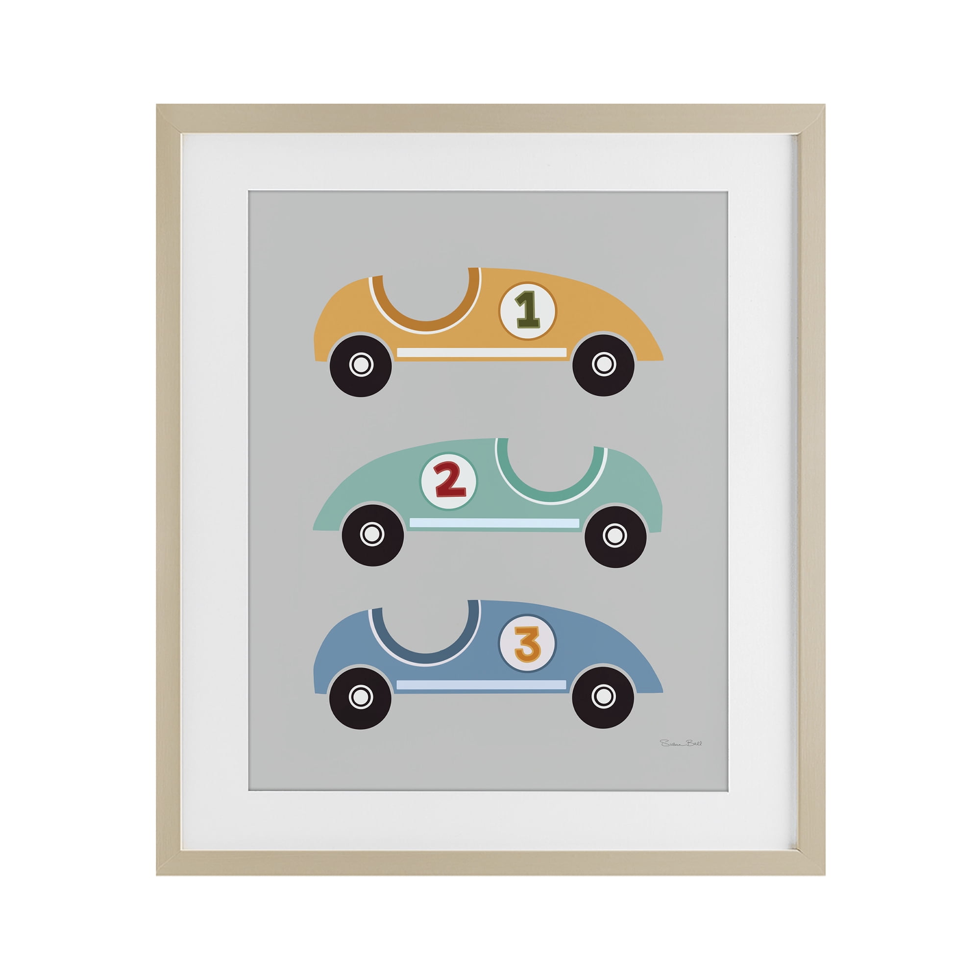 Stupell Industries Vroom Race Cars Birch Framed Print Under Glass, design by Susan Ball