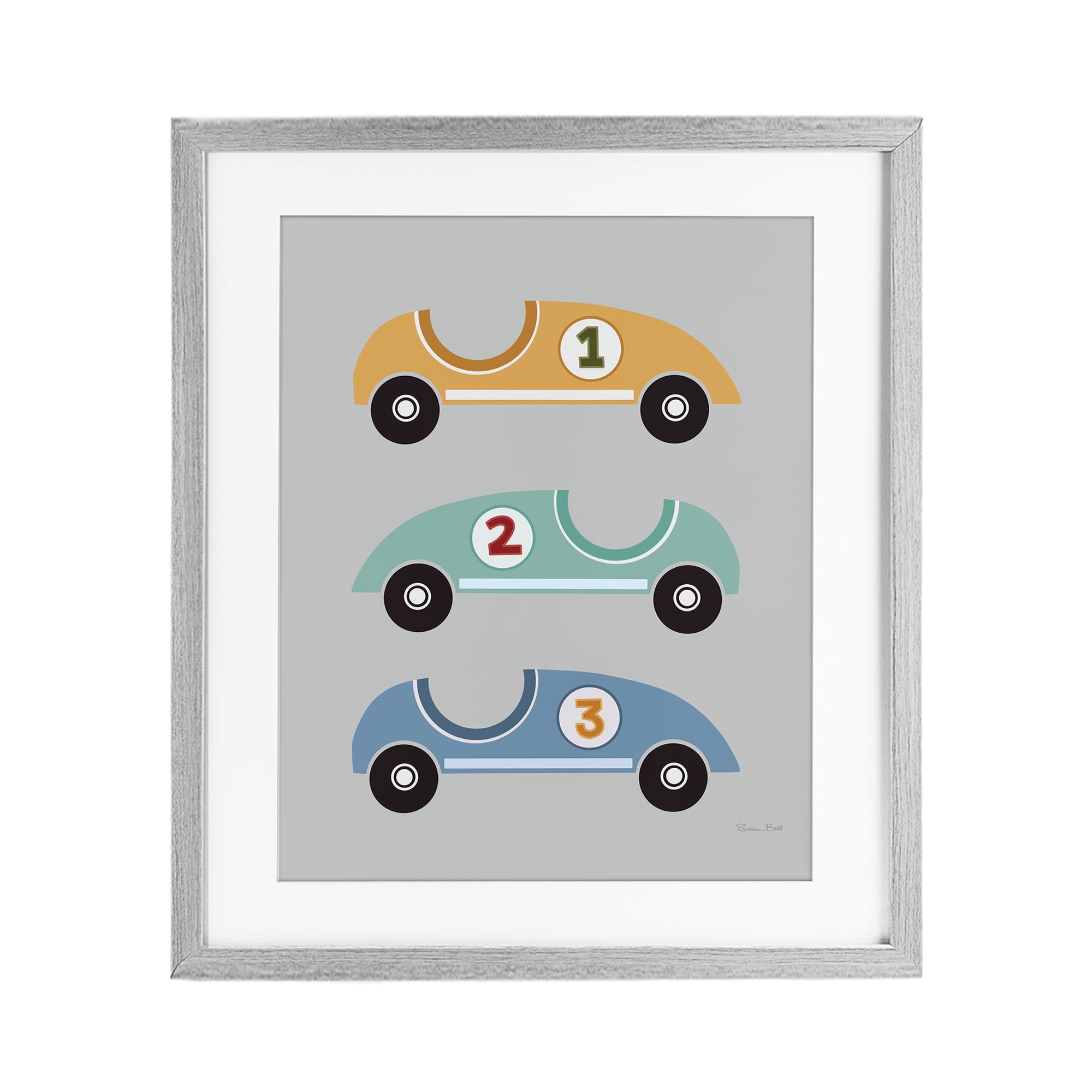 Stupell Industries Vroom Race Cars Gray Framed Print Under Glass, design by Susan Ball