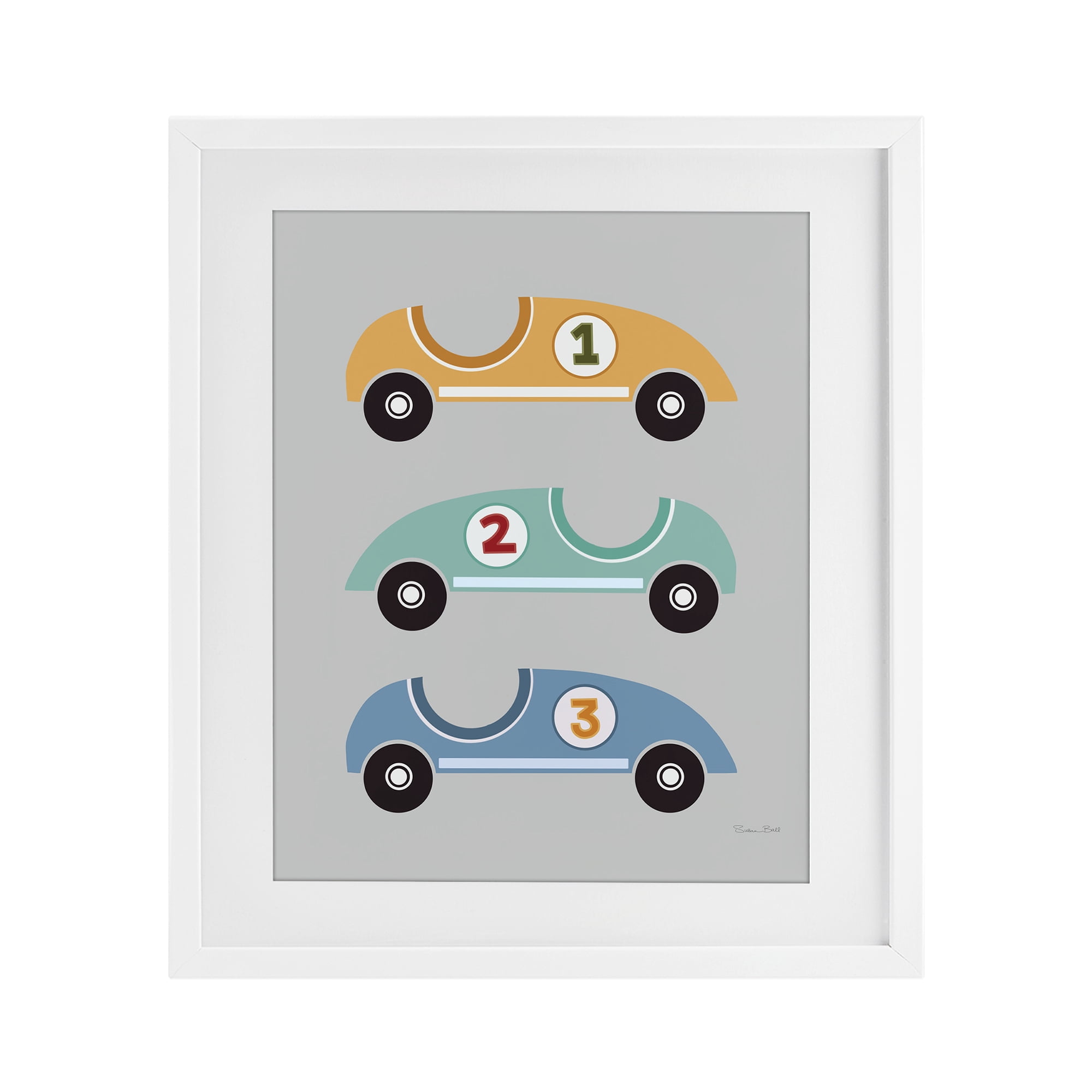 Stupell Industries Vroom Race Cars White Framed Print Under Glass, design by Susan Ball