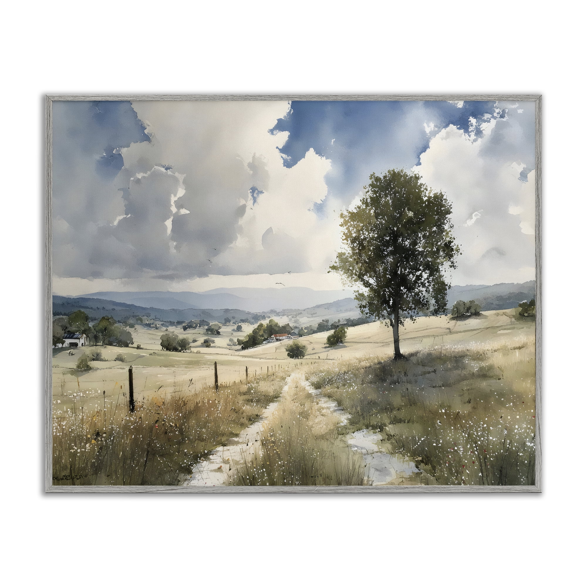 Stupell Industries Wagon Road Through Meadow Gray Framed Giclee Art, design by Franklyn Gregory