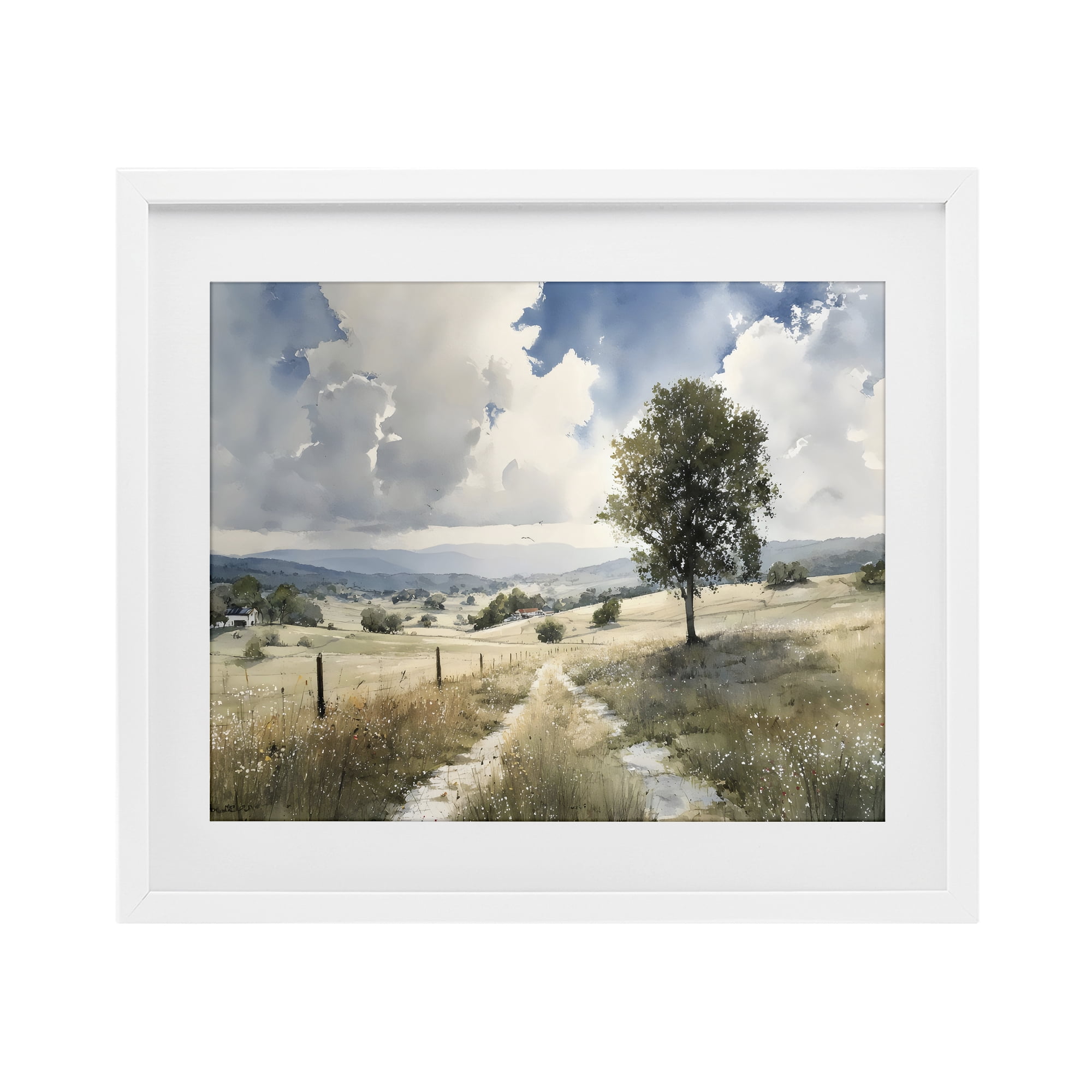 Stupell Industries Wagon Road Through Meadow White Framed Print Under Glass, design by Franklyn Gregory