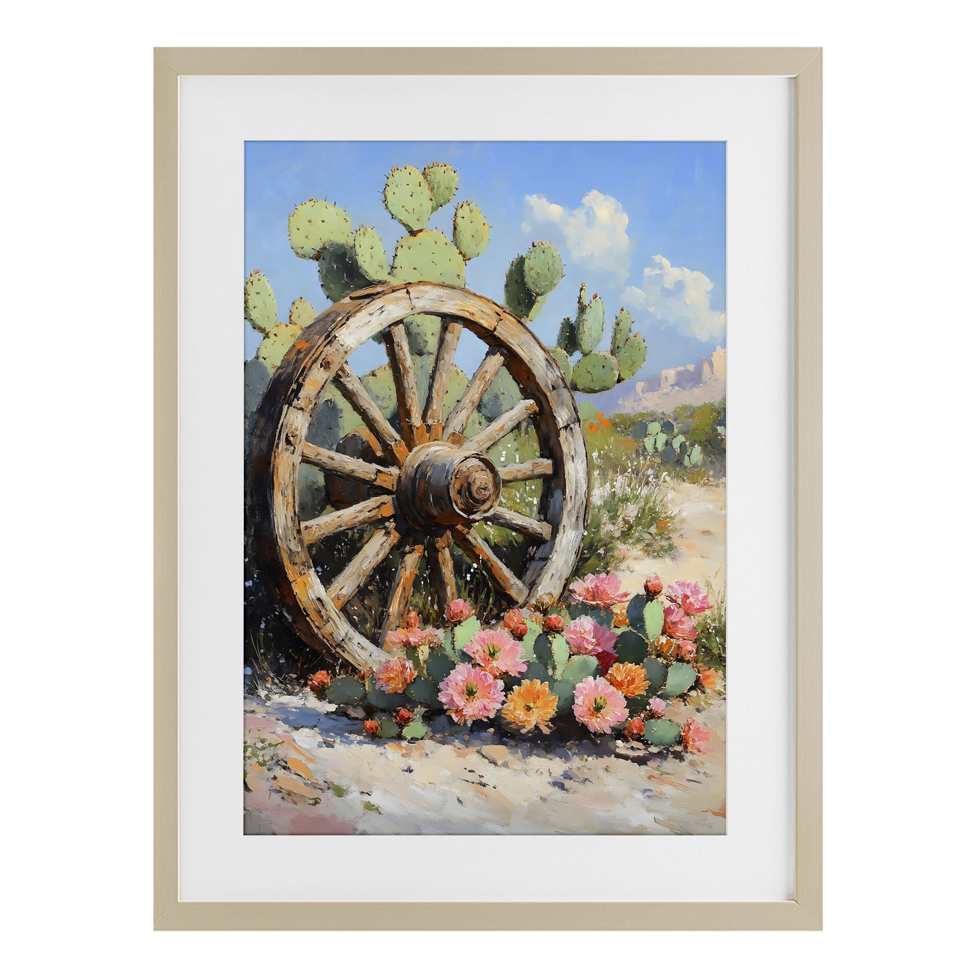 Stupell Industries Wagon Wheel Among Cactus Birch Framed Print Under Glass, design by Franklyn Gregory