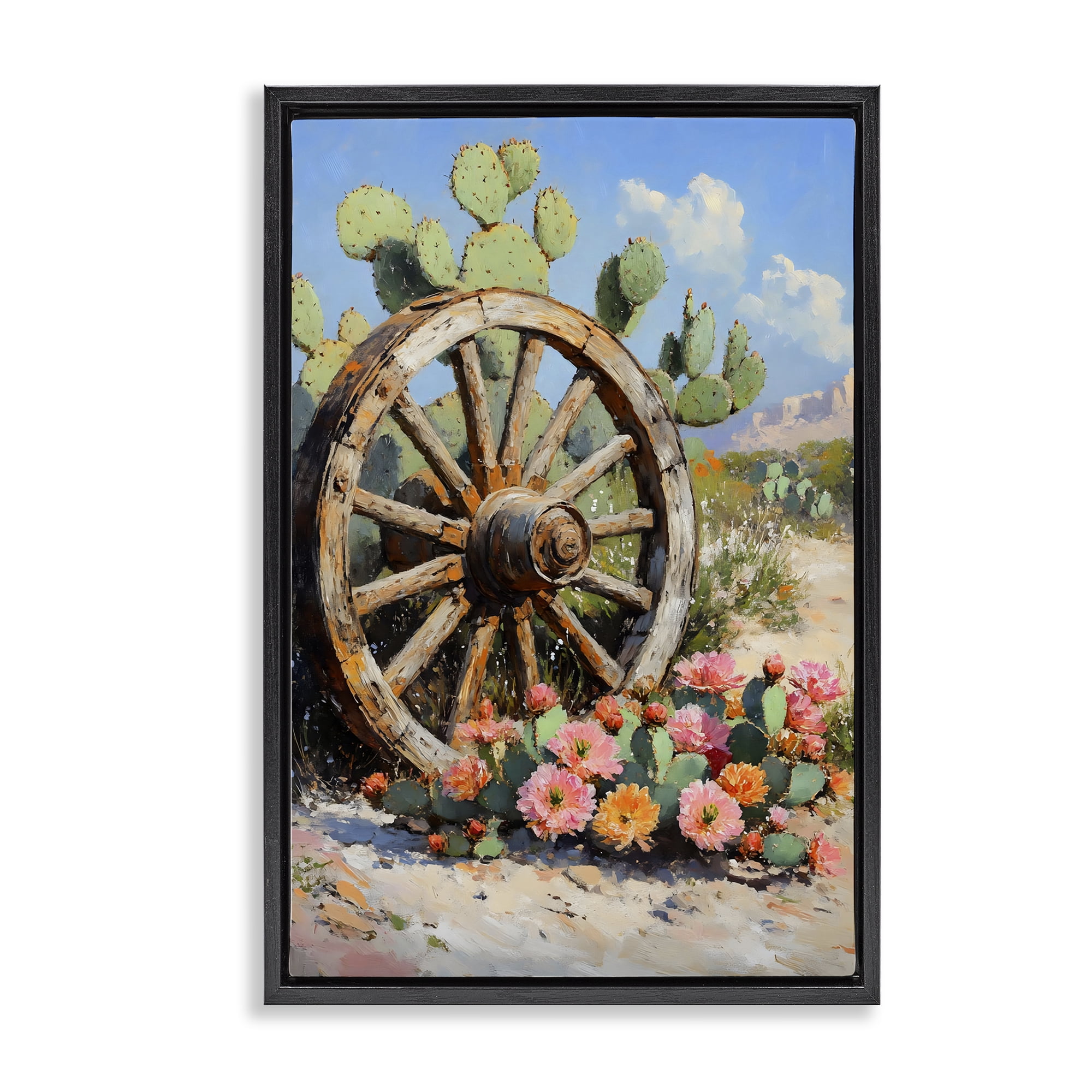 Stupell Industries Wagon Wheel Among Cactus Black Framed Floater Canvas Wall Art, design by Franklyn Gregory