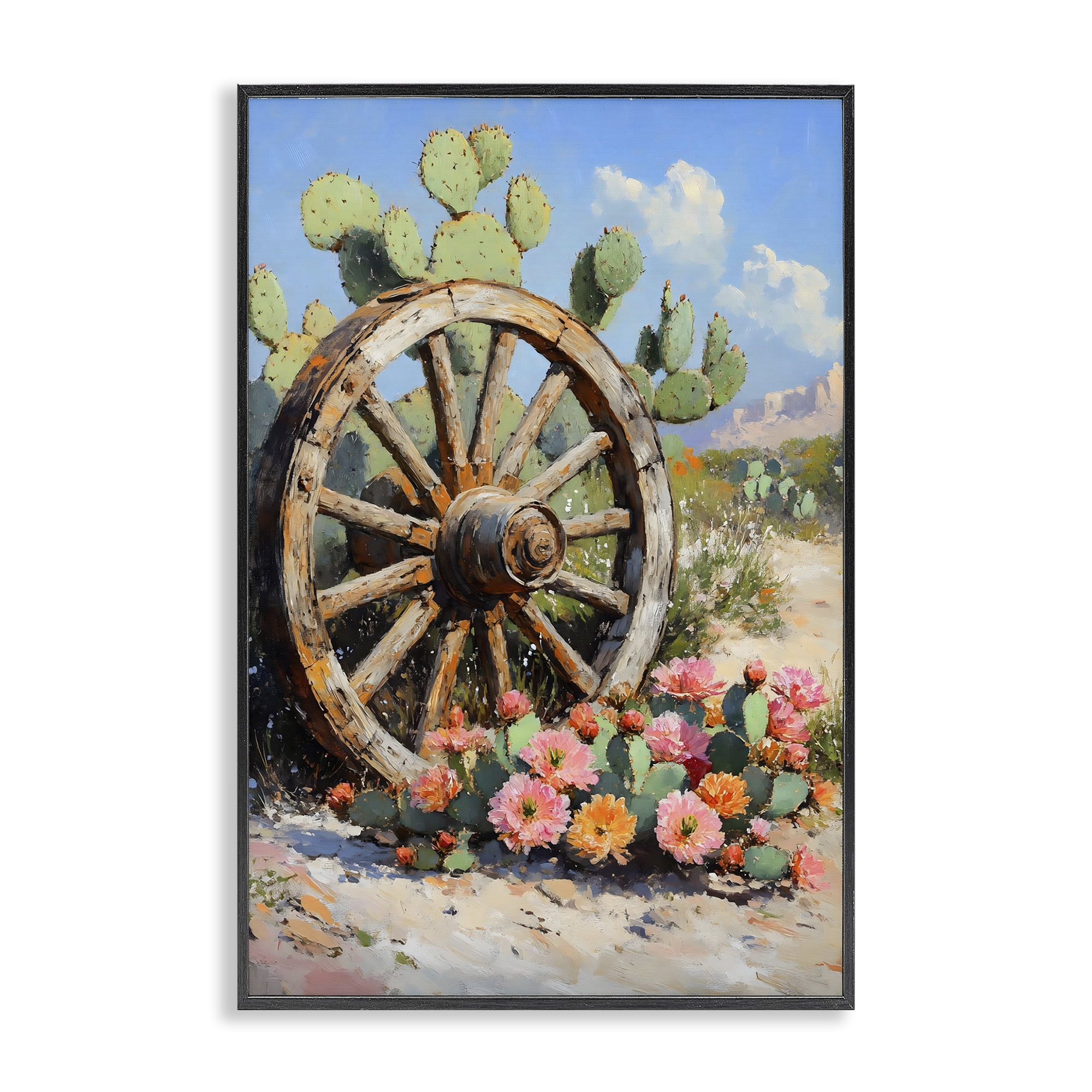 Stupell Industries Wagon Wheel Among Cactus Black Framed Giclee Art, design by Franklyn Gregory