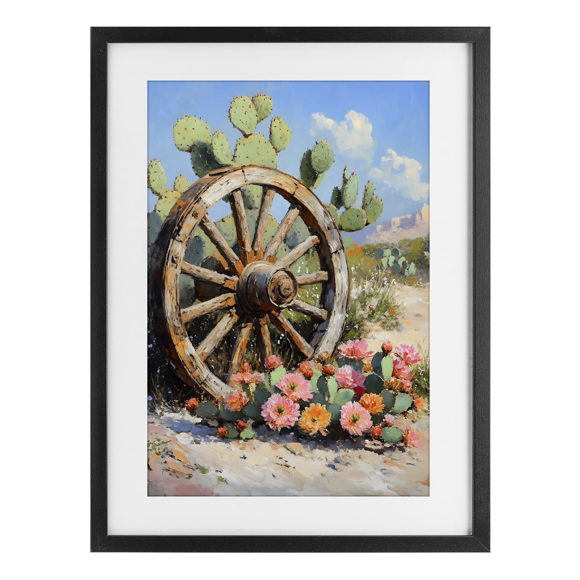 Stupell Industries Wagon Wheel Among Cactus Black Framed Print Under Glass, design by Franklyn Gregory