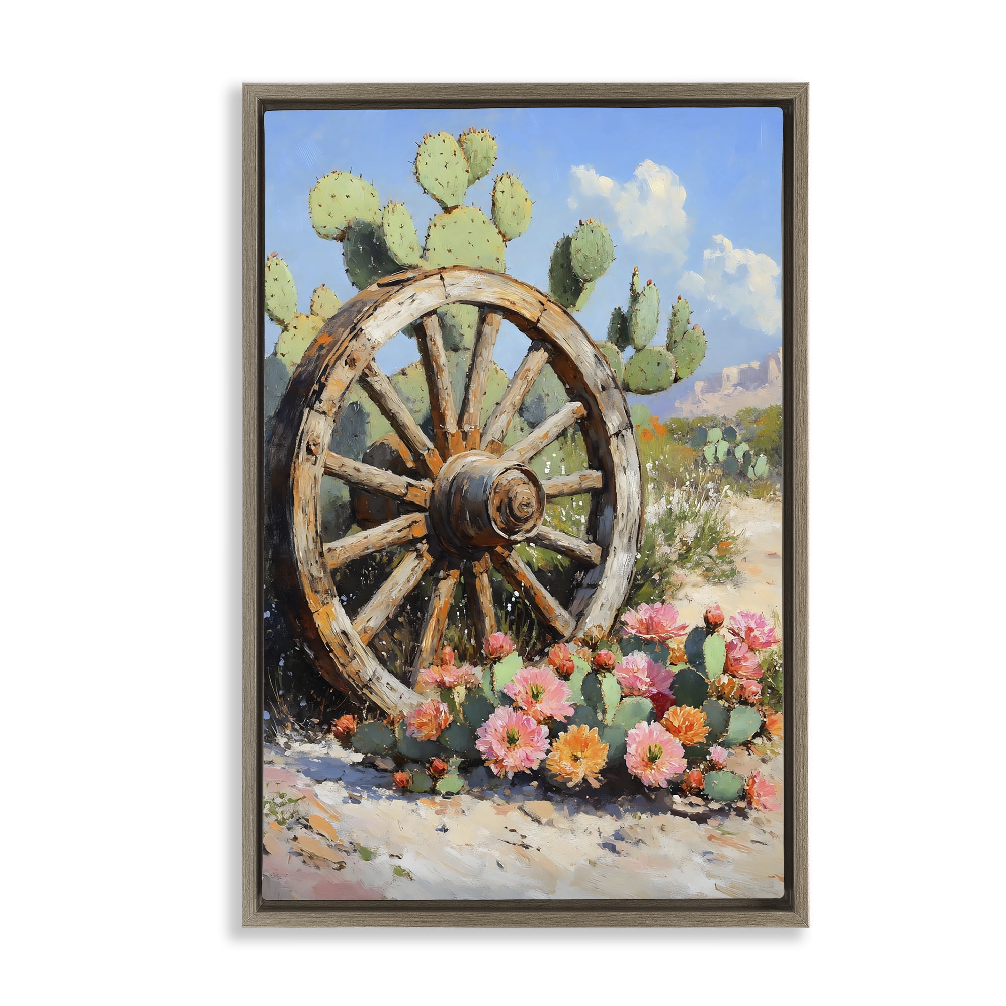 Stupell Industries Wagon Wheel Among Cactus Brown Framed Floater Canvas Wall Art, design by Franklyn Gregory