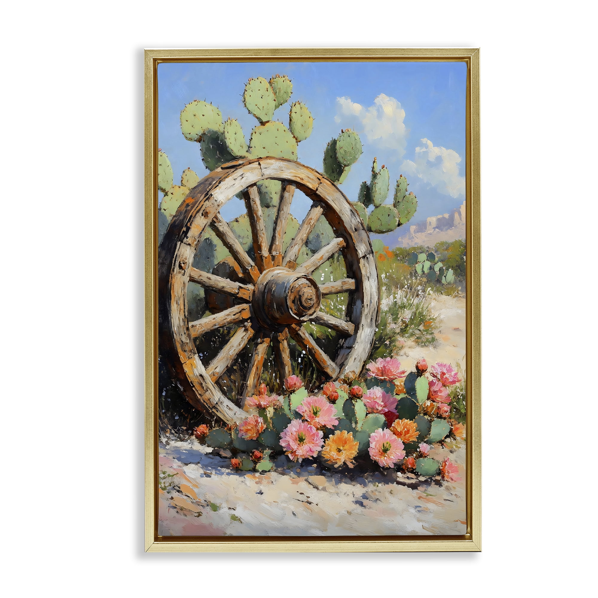 Stupell Industries Wagon Wheel Among Cactus Gold Framed Floater Canvas Wall Art, design by Franklyn Gregory