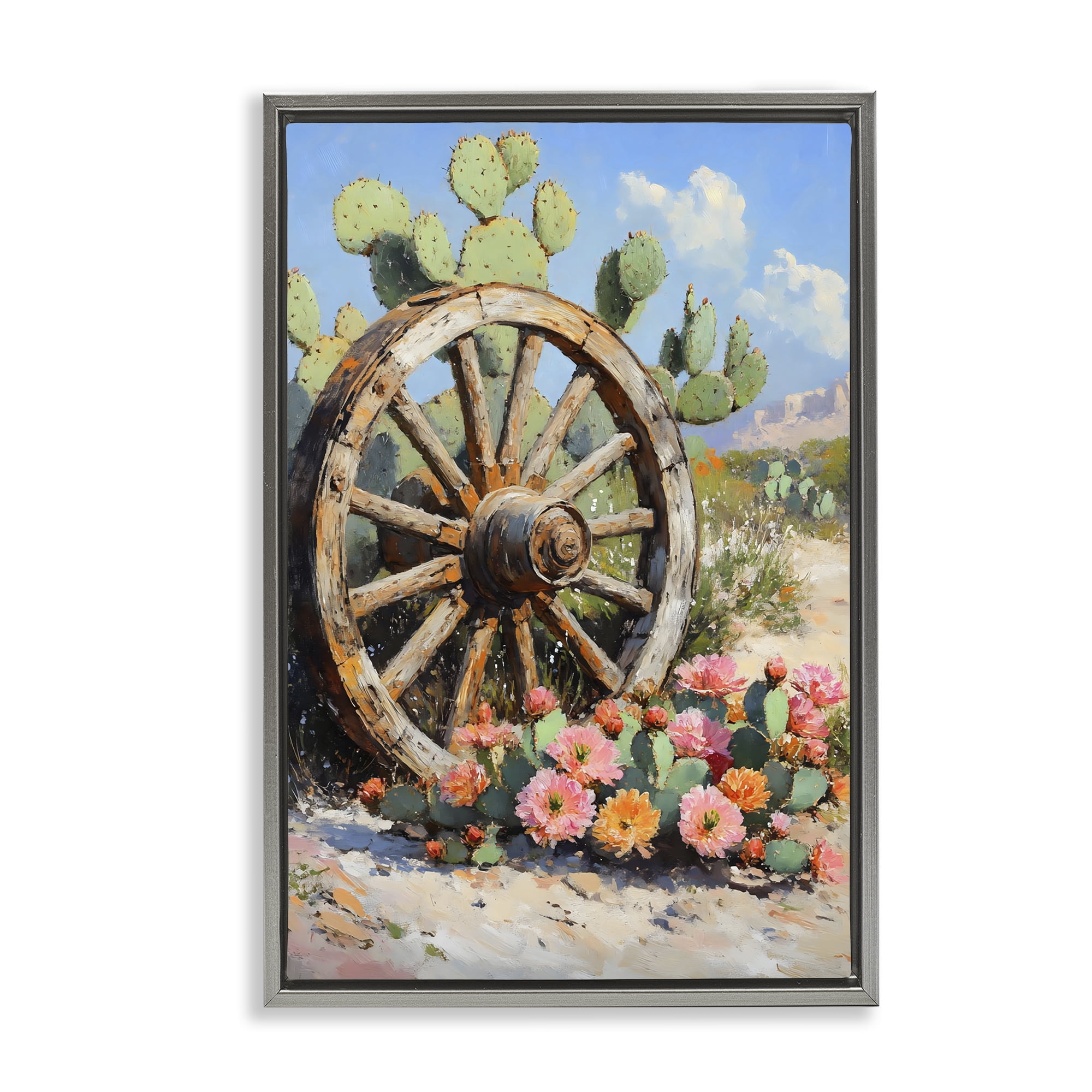 Stupell Industries Wagon Wheel Among Cactus Gray Framed Floater Canvas Wall Art, design by Franklyn Gregory