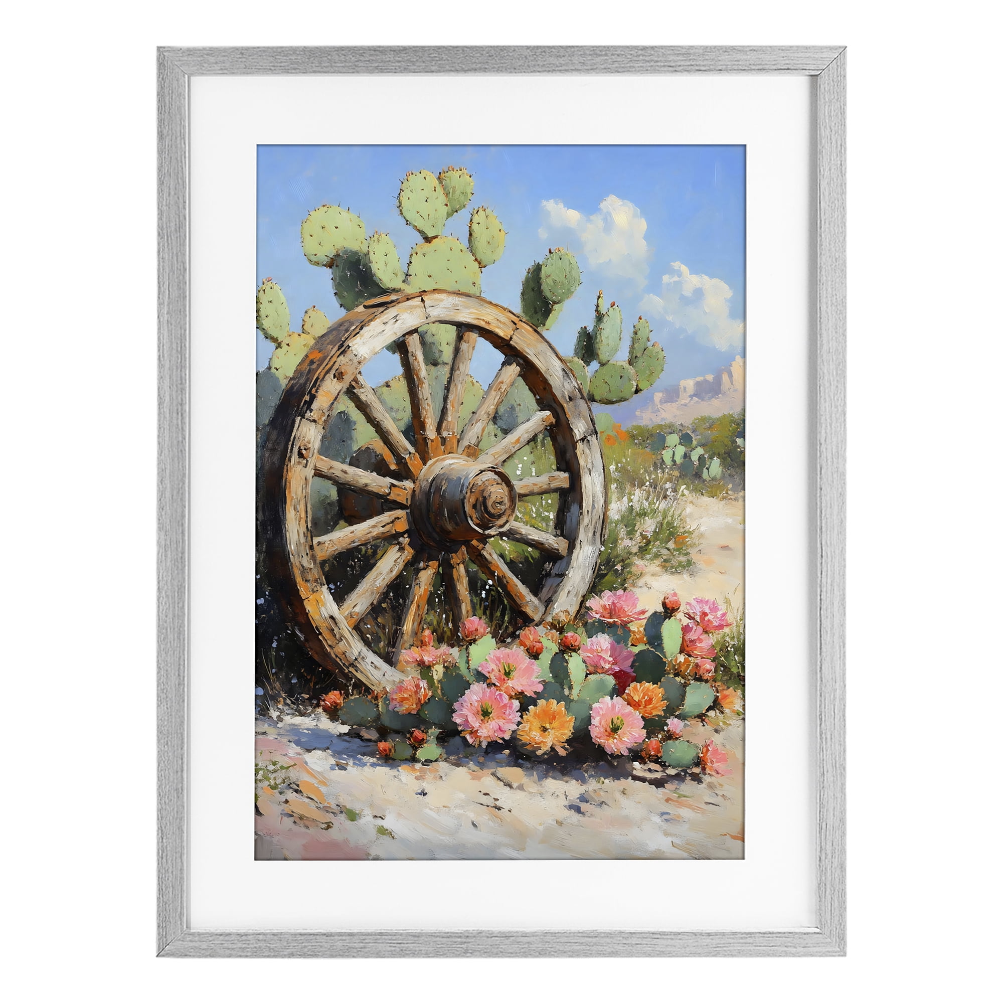 Stupell Industries Wagon Wheel Among Cactus Gray Framed Print Under Glass, design by Franklyn Gregory