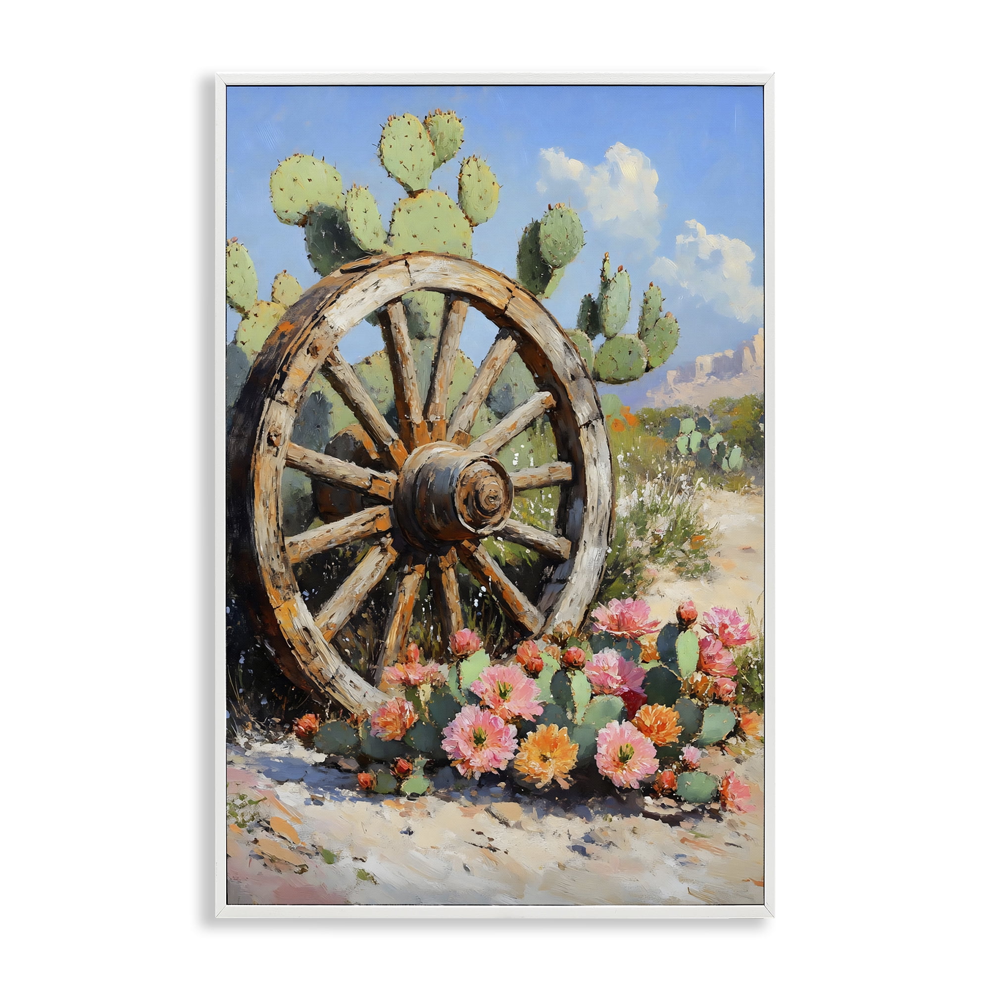 Stupell Industries Wagon Wheel Among Cactus White Framed Giclee Art, design by Franklyn Gregory