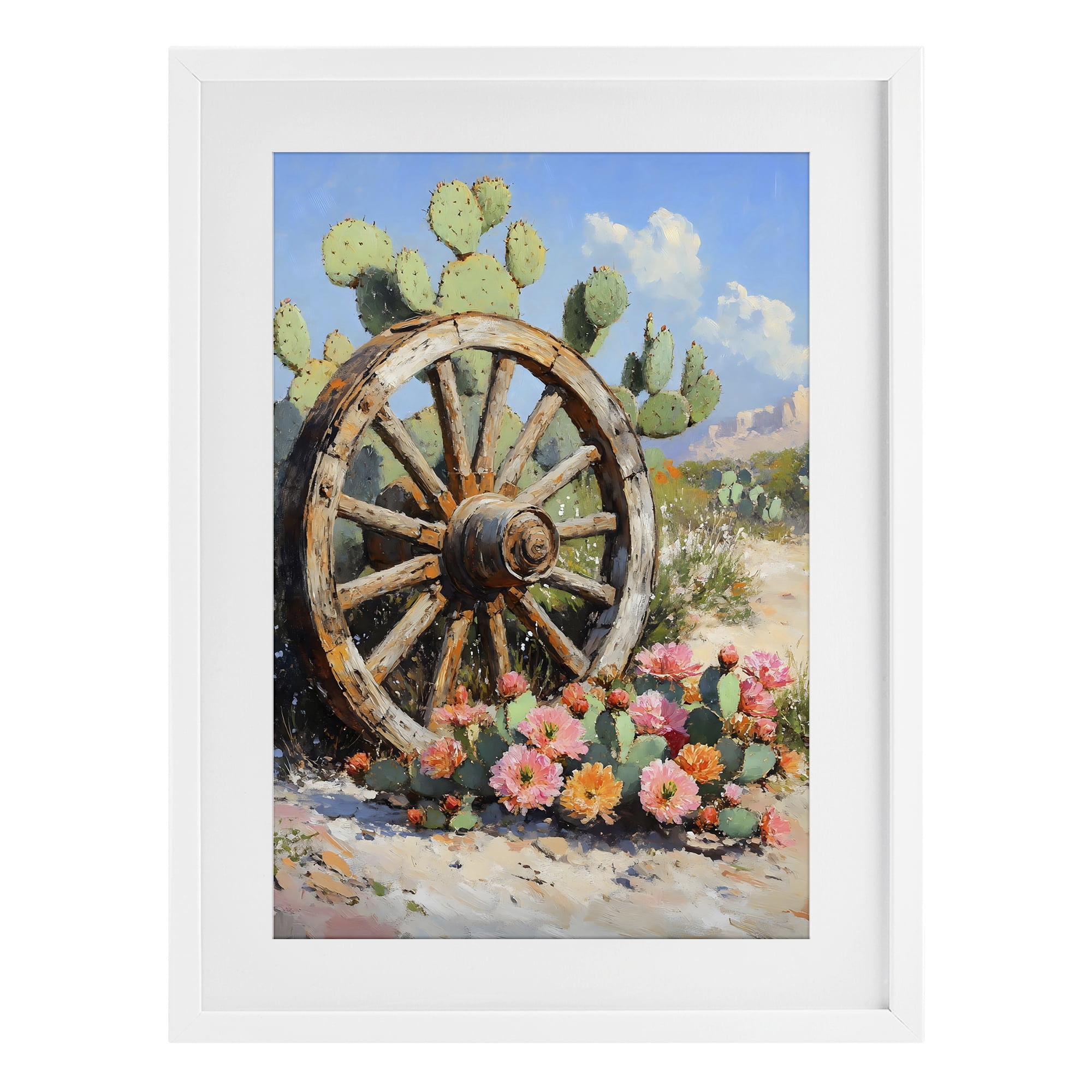 Stupell Industries Wagon Wheel Among Cactus White Framed Print Under Glass, design by Franklyn Gregory