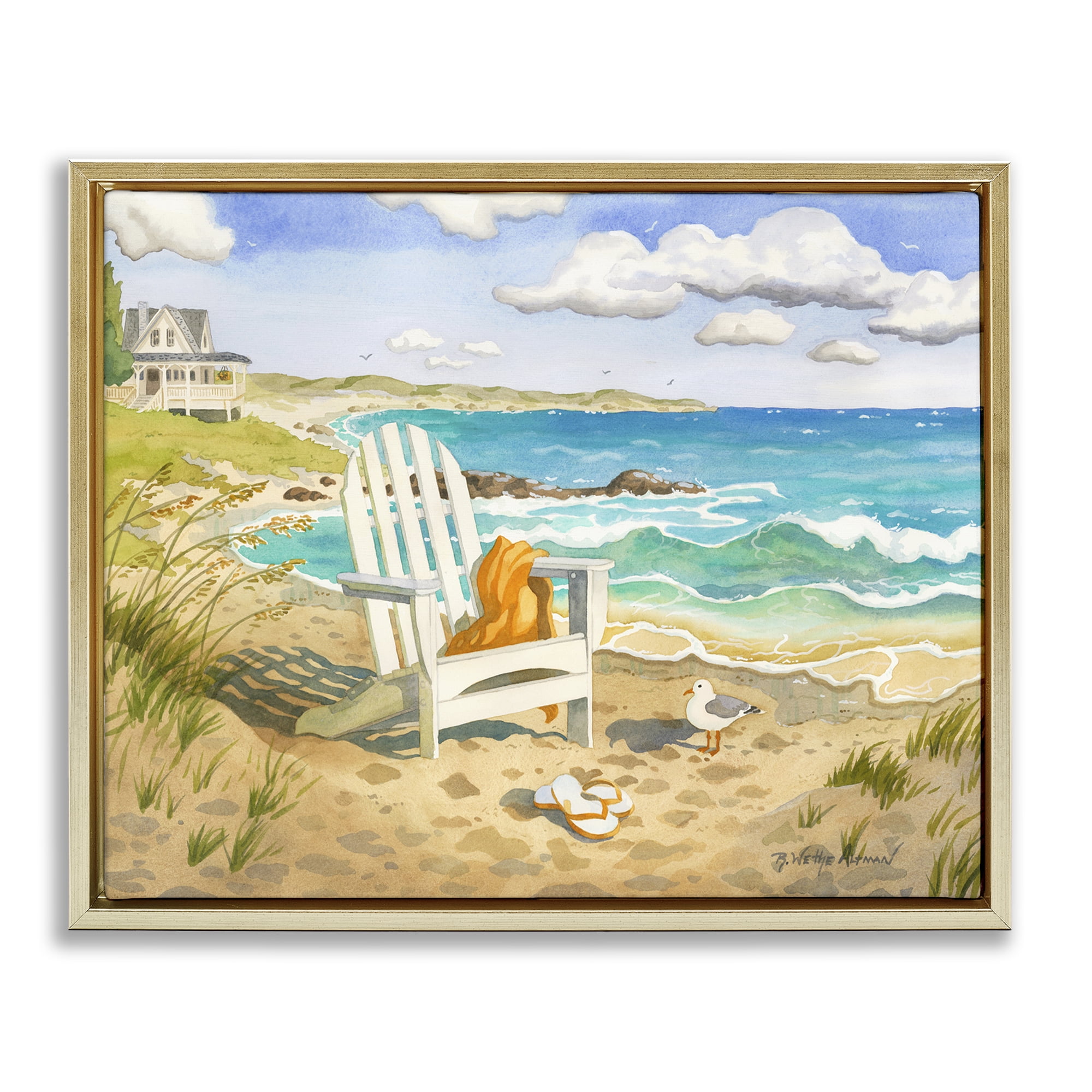 Stupell Industries Waiting For You by Beach Gold Framed Floater Canvas Wall Art, design by Robin Altman