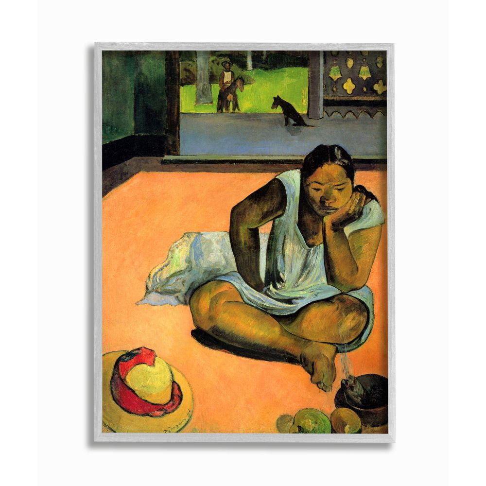 Stupell Industries Waiting Native Figures Classic Painting Gray Framed Art Print Wall Art, 11x14, by Paul Gauguin