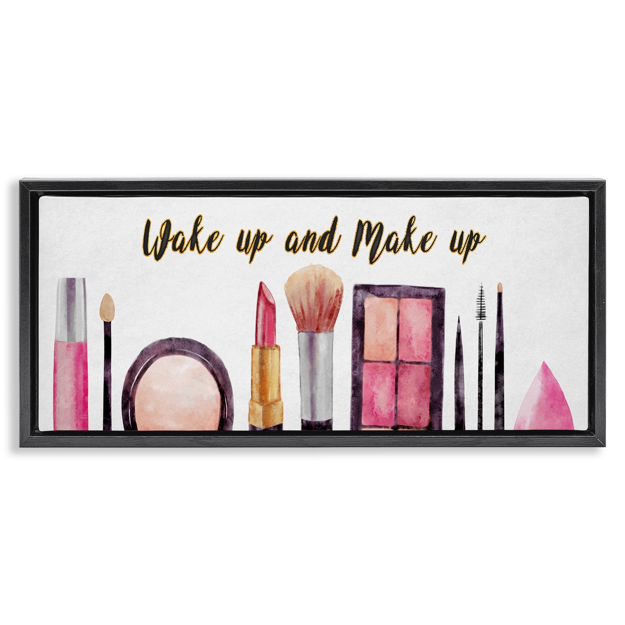 Stupell Industries Wake Up Make Up Watercolor Beauty & Fashion Painting Black Floater Framed Canvas Art Print Wall Art, 31 x 14