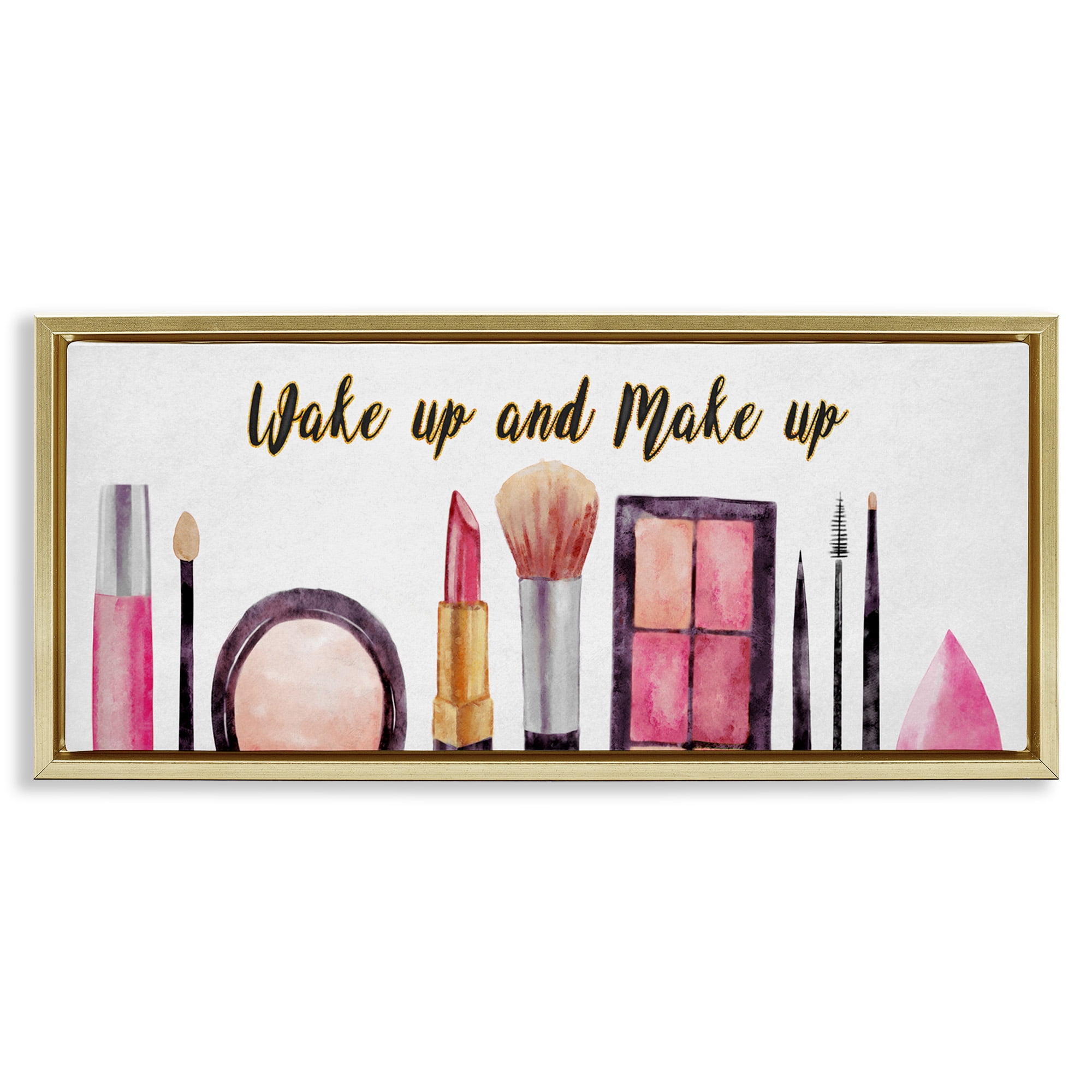 Stupell Industries Wake Up Make Up Watercolor Beauty & Fashion Painting Gold Floater Framed Canvas Art Print Wall Art, 25 x 11