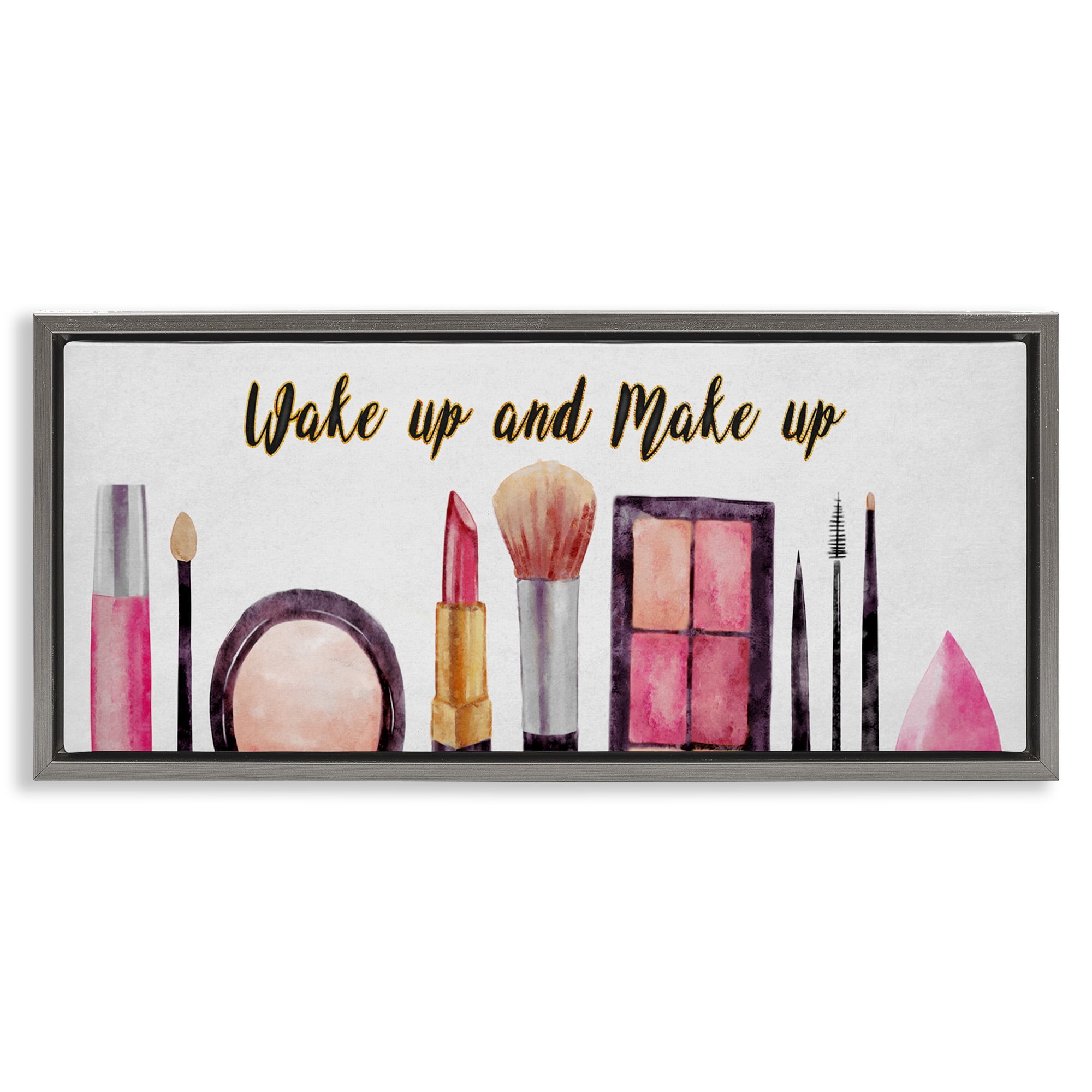 Stupell Industries Wake Up Make Up Watercolor Beauty & Fashion Painting Gray Floater Framed Canvas Art Print Wall Art, 31 x 14