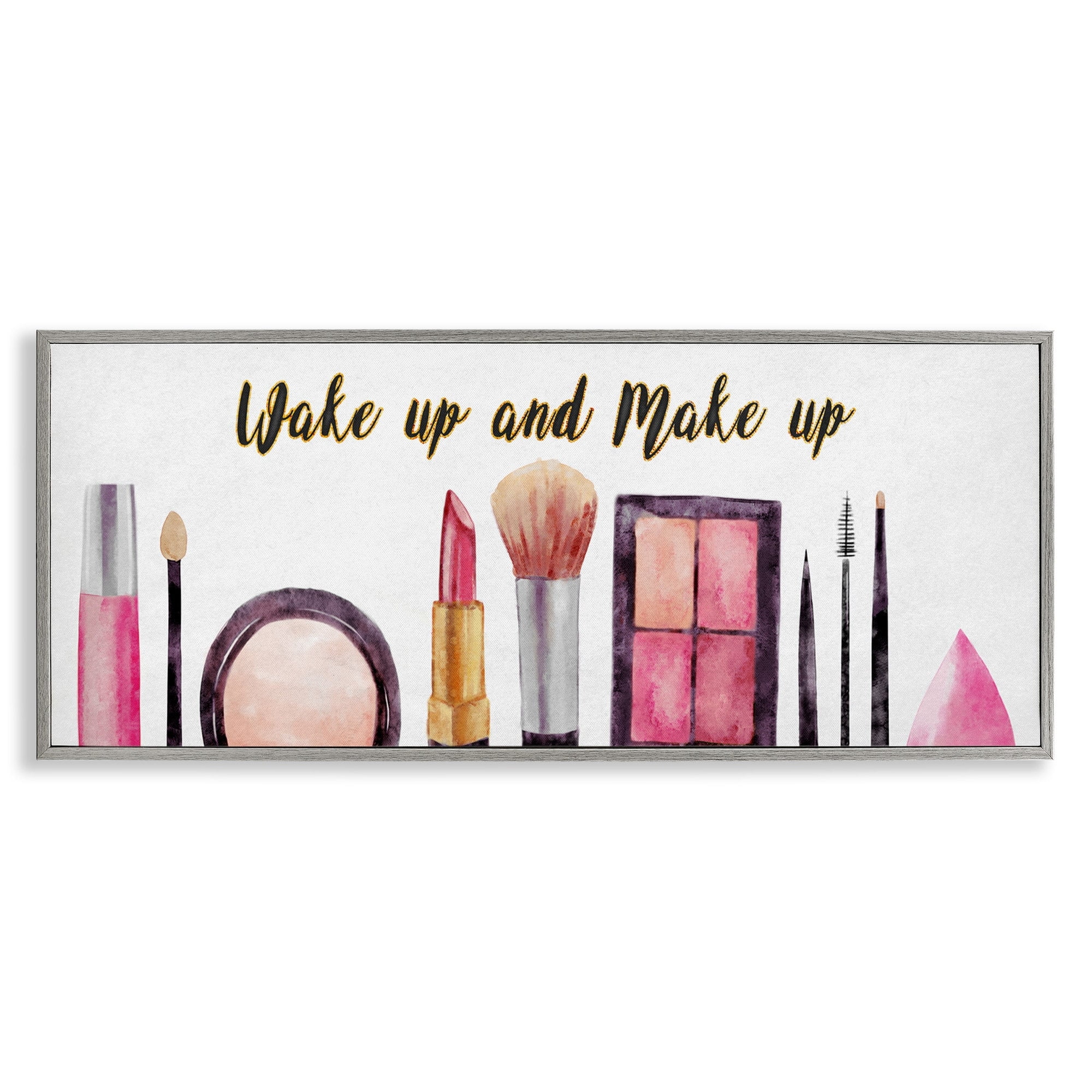 Stupell Industries Wake Up Make Up Watercolor Pink Grey Fashion Word Design, 10 x 24,Design by Ziwei Li