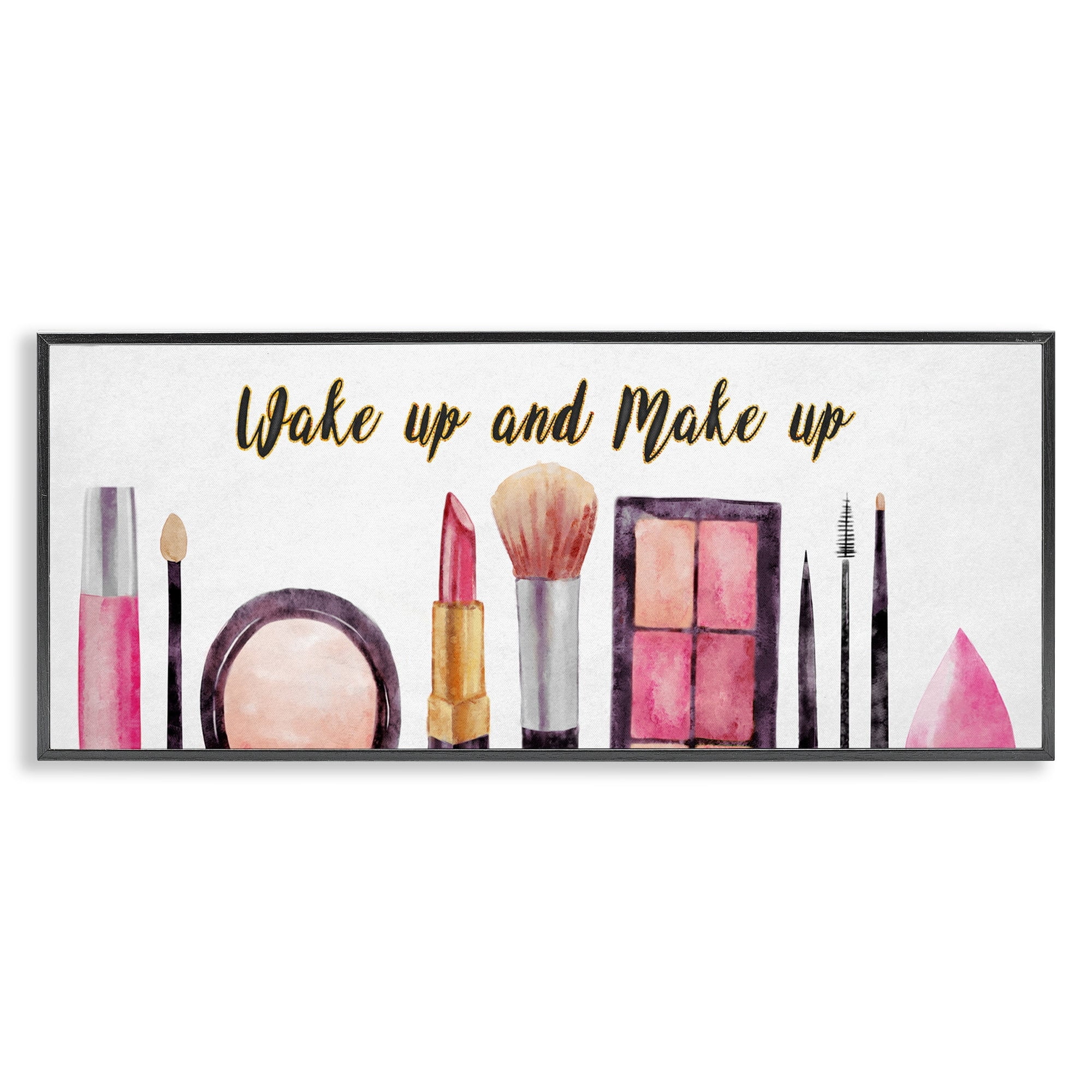 Stupell Industries Wake Up Make Up Watercolor Pink Grey Fashion Word Design Black Framed Art Print Wall Art, 10x24, by Ziwei Li