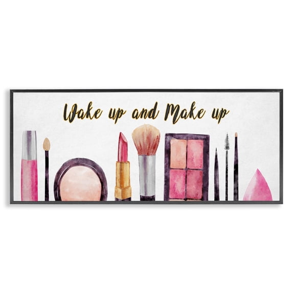 Stupell Industries Wake Up Make Up Watercolor Pink Grey Fashion Word Design Black Framed Art Print Wall Art, 10x24, by Ziwei Li