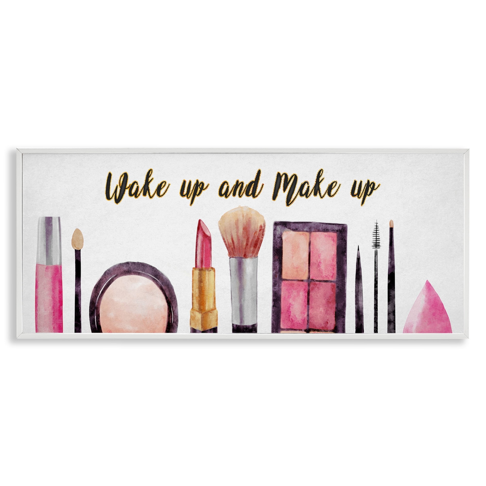 Stupell Industries Wake Up Make Up Watercolor Pink Grey Fashion Word Design White Framed Art Print Wall Art, 10x24, by Ziwei Li