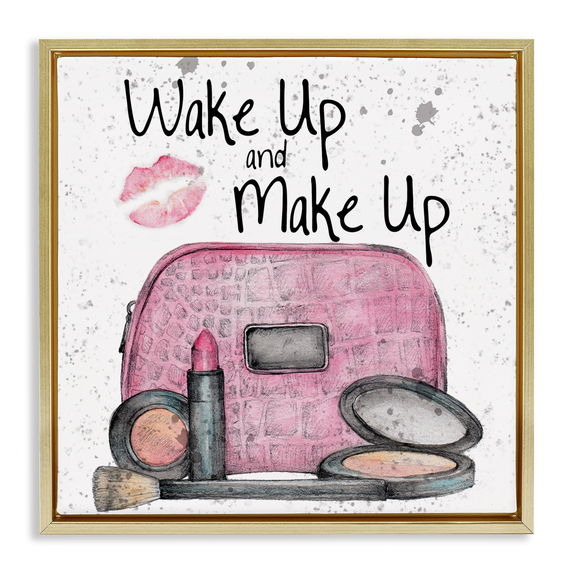 Stupell Industries Wake Up Makeup Phrase Beauty & Fashion Painting Gold Floater Framed Art Print Wall Art, 18 x 18