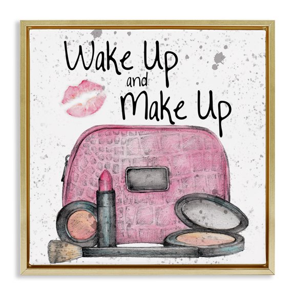 Stupell Industries Wake Up Makeup Phrase Beauty & Fashion Painting Gold Floater Framed Art Print Wall Art, 25 x 25