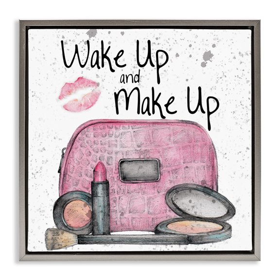 Stupell Industries Wake Up Makeup Phrase Beauty & Fashion Painting Gray Floater Framed Art Print Wall Art, 18 x 18