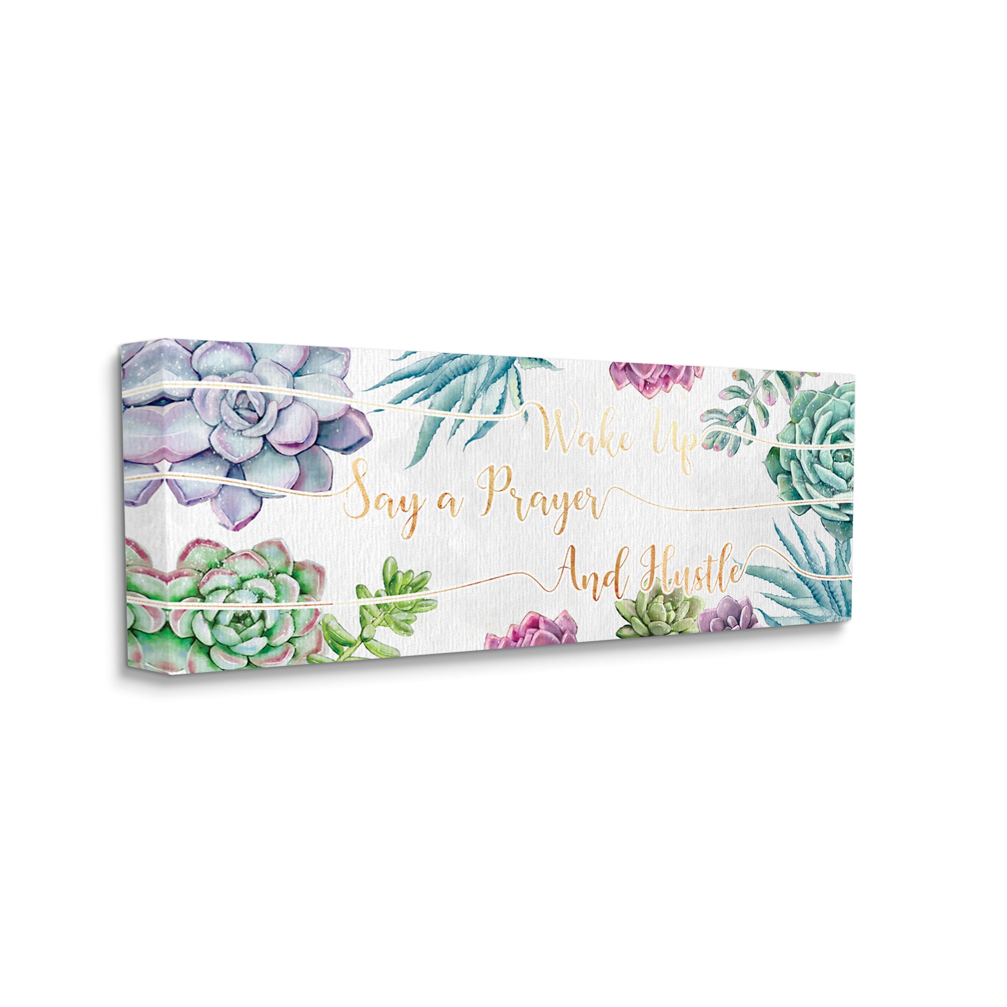 Stupell Industries Wake Up, Pray, Hustle Blooming Succulent Florals Botanical & Floral Painting Gallery Wrapped Canvas Art Print Wall Art, 13 x 30