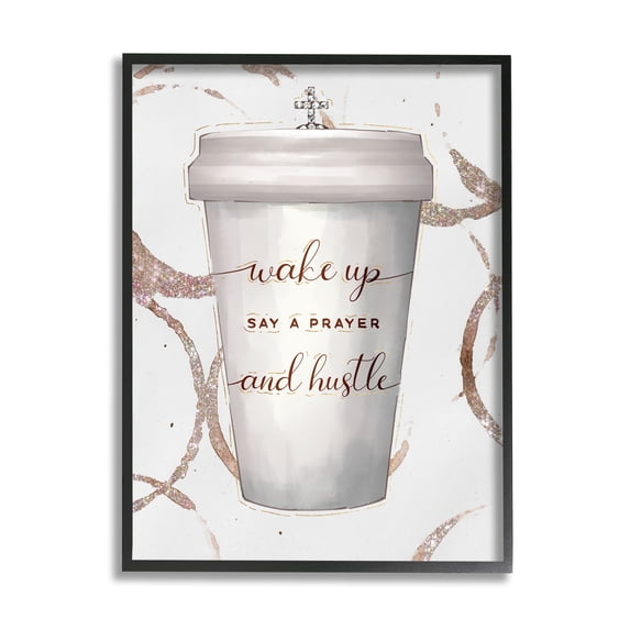 Stupell Industries Wake Up Pray Hustle Phrase Coffee Cup Glam Religious Painting Gallery Wrapped Canvas Art Print Wall Art, 16 x 20