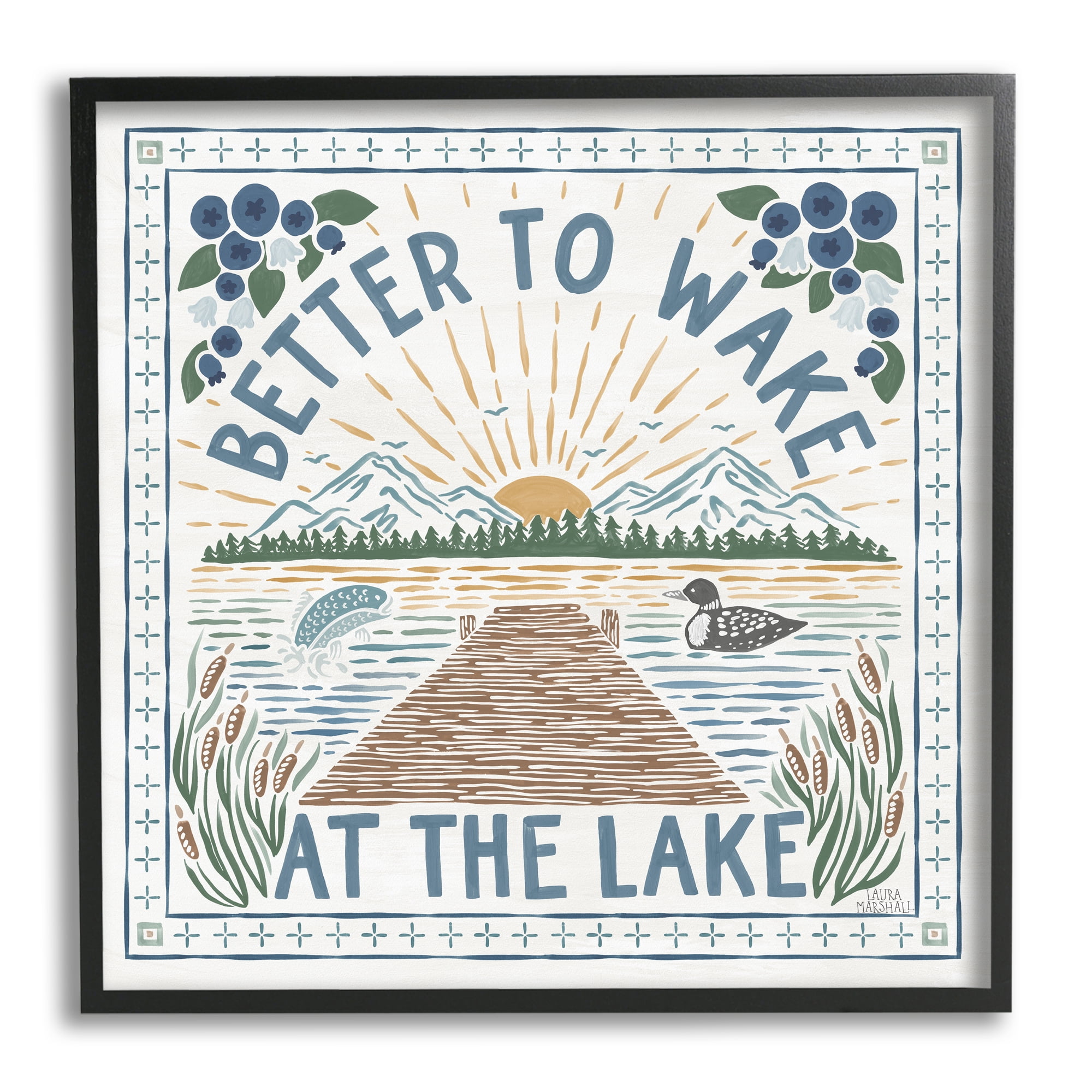 Stupell Industries Wake at Lake Phrase Nature Painting Black Framed Art Print Wall Art, 12 x 12