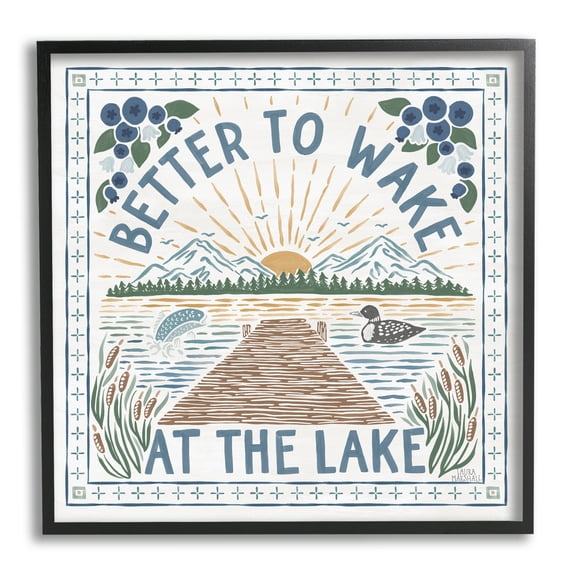 Stupell Industries Wake at Lake Phrase Nature Painting Black Framed Art Print Wall Art, 12 x 12