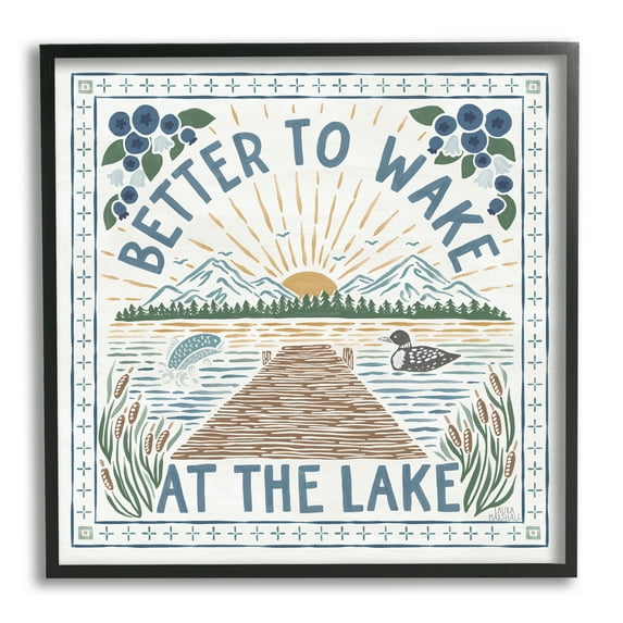 Stupell Industries Wake at Lake Phrase Nature Painting Black Framed Art Print Wall Art, 12 x 12