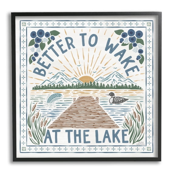 Stupell Industries Wake at Lake Phrase Nature Painting Black Framed Art Print Wall Art, 17 x 17