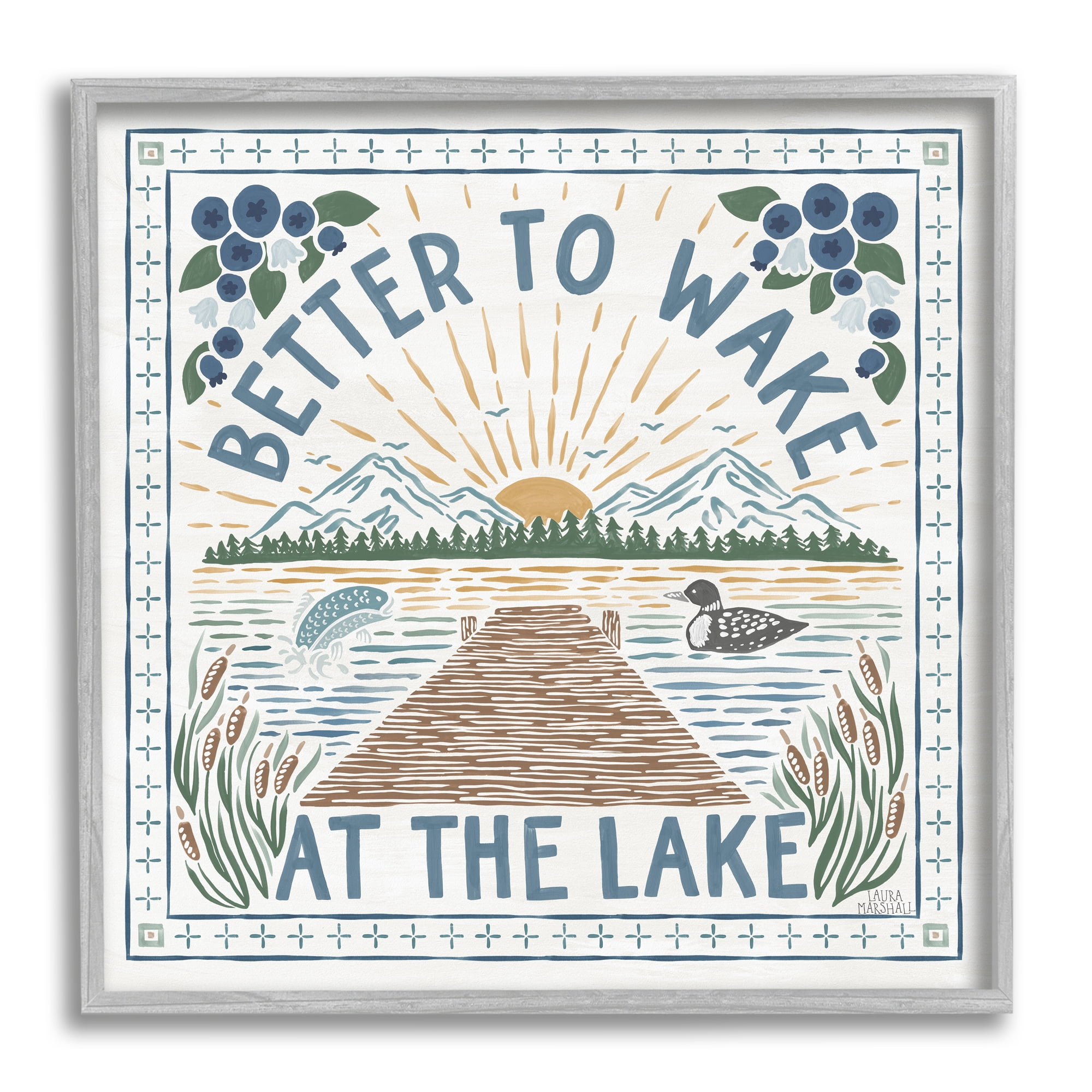 Stupell Industries Wake at Lake Phrase Nature Painting Gray Framed Art Print Wall Art, 24 x 24